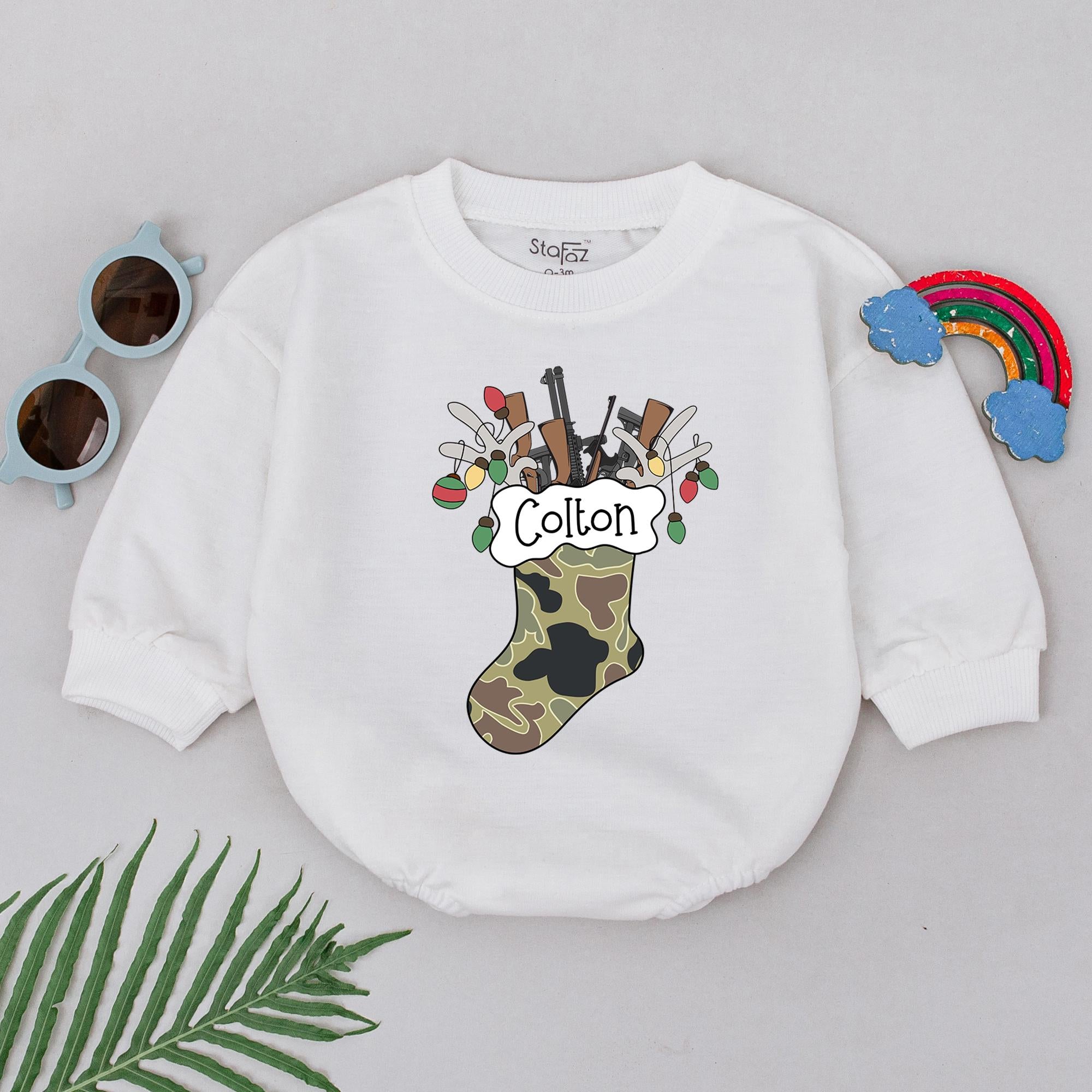 Camo Christmas Stocking Baby Romper with Custom Name, Festive Holiday Outfit for Boys, Western Xmas Short Sleeve Bodysuit