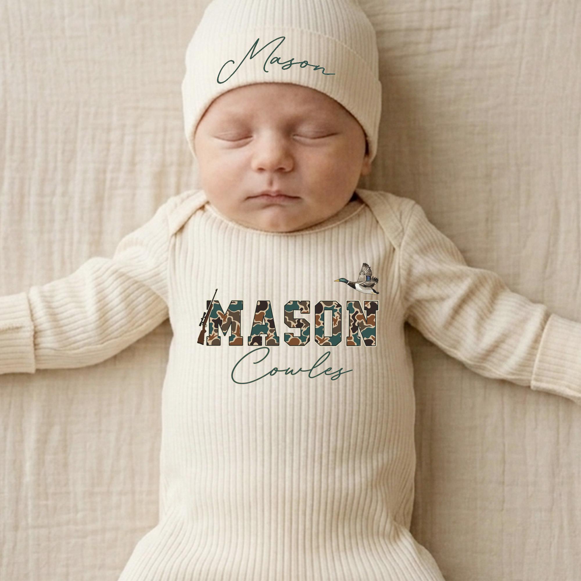 Camo Duck Hunting Baby Boy Bodysuit and Hat Set with Custom Name, Newborn Coming Home Outfit, Personalized Baby Shower Gift