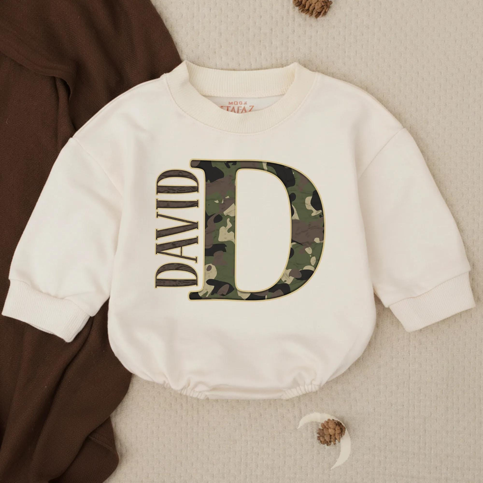 Camo Letter D Baby Boy Bubble Romper with Custom Name, Hunting-Themed Infant Outfit, Perfect for Baby Shower or Birthday Gift