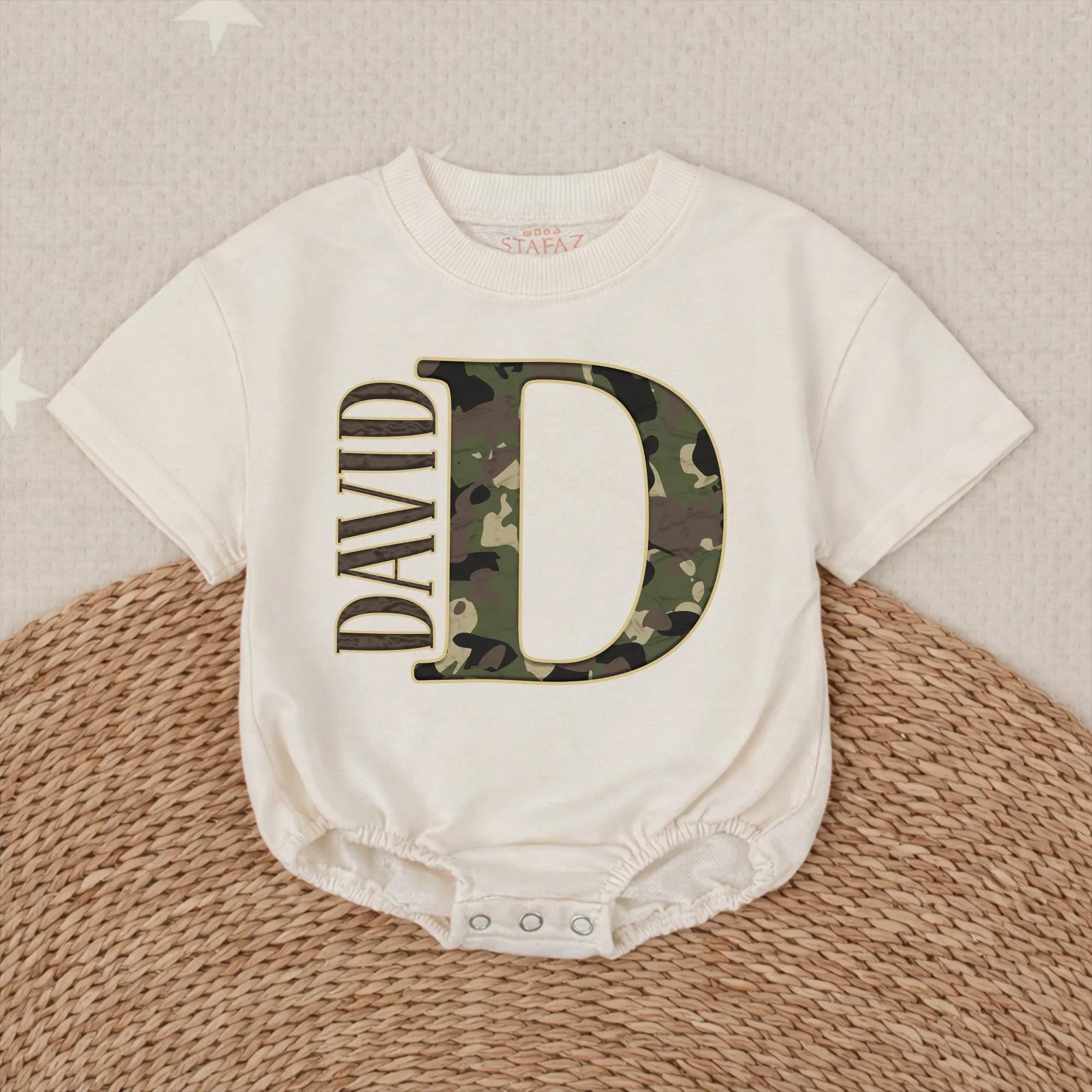 Camo Letter D Baby Boy Bubble Romper with Custom Name, Hunting-Themed Infant Outfit, Perfect for Baby Shower or Birthday Gift