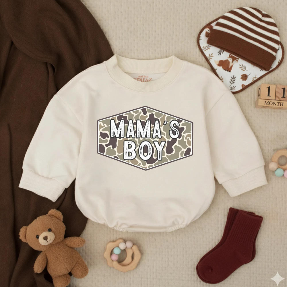 Camo Mama's Boy Bubble Romper Baby Outfit for Hunting Enthusiasts, Country Baby Clothes, Rustic Green and Tan Design Infant Gift
