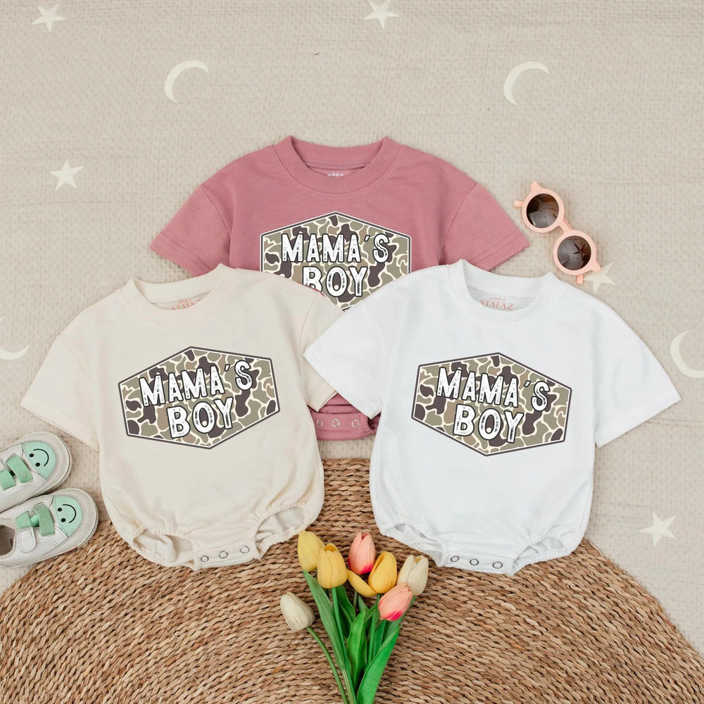 Camo Mama's Boy Bubble Romper Baby Outfit for Hunting Enthusiasts, Country Baby Clothes, Rustic Green and Tan Design Infant Gift