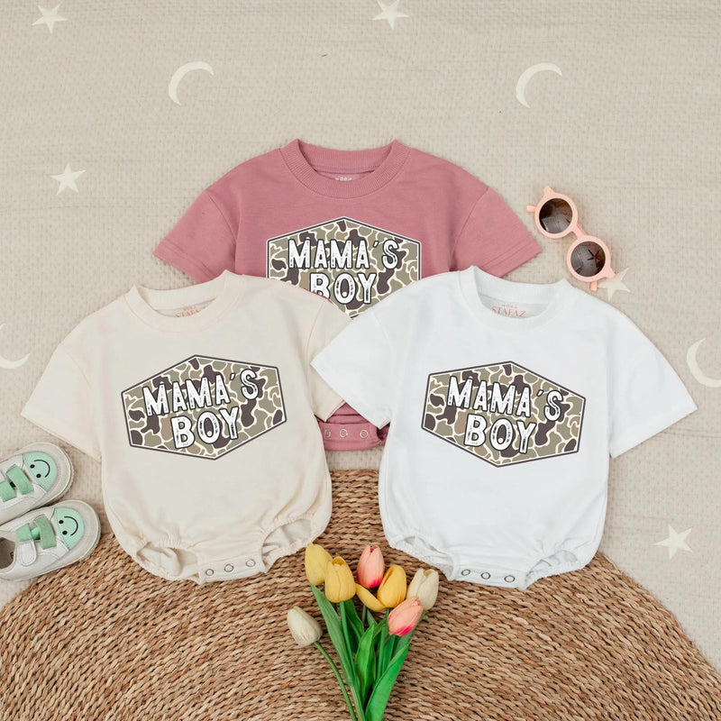 Camo Mama's Boy Bubble Romper Baby Outfit for Hunting Enthusiasts, Country Baby Clothes, Rustic Green and Tan Design Infant Gift