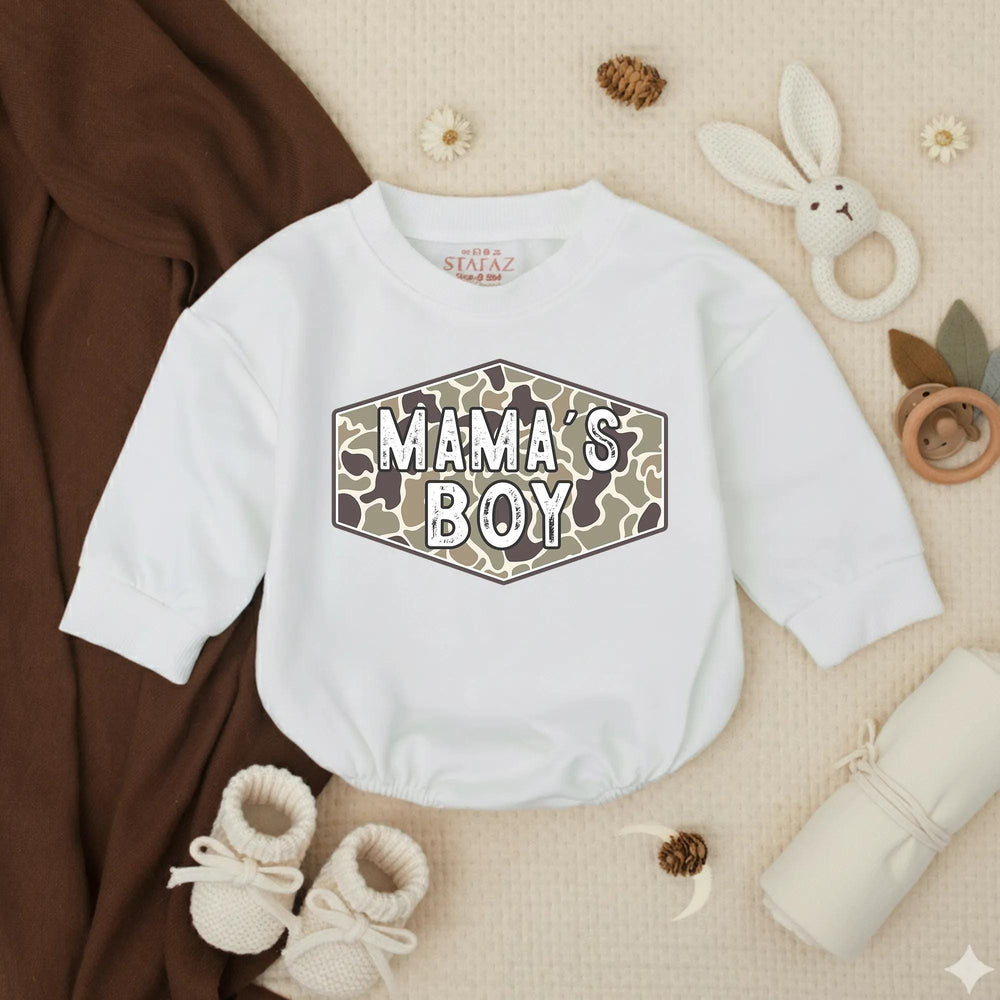 Camo Mama's Boy Bubble Romper Baby Outfit for Hunting Enthusiasts, Country Baby Clothes, Rustic Green and Tan Design Infant Gift