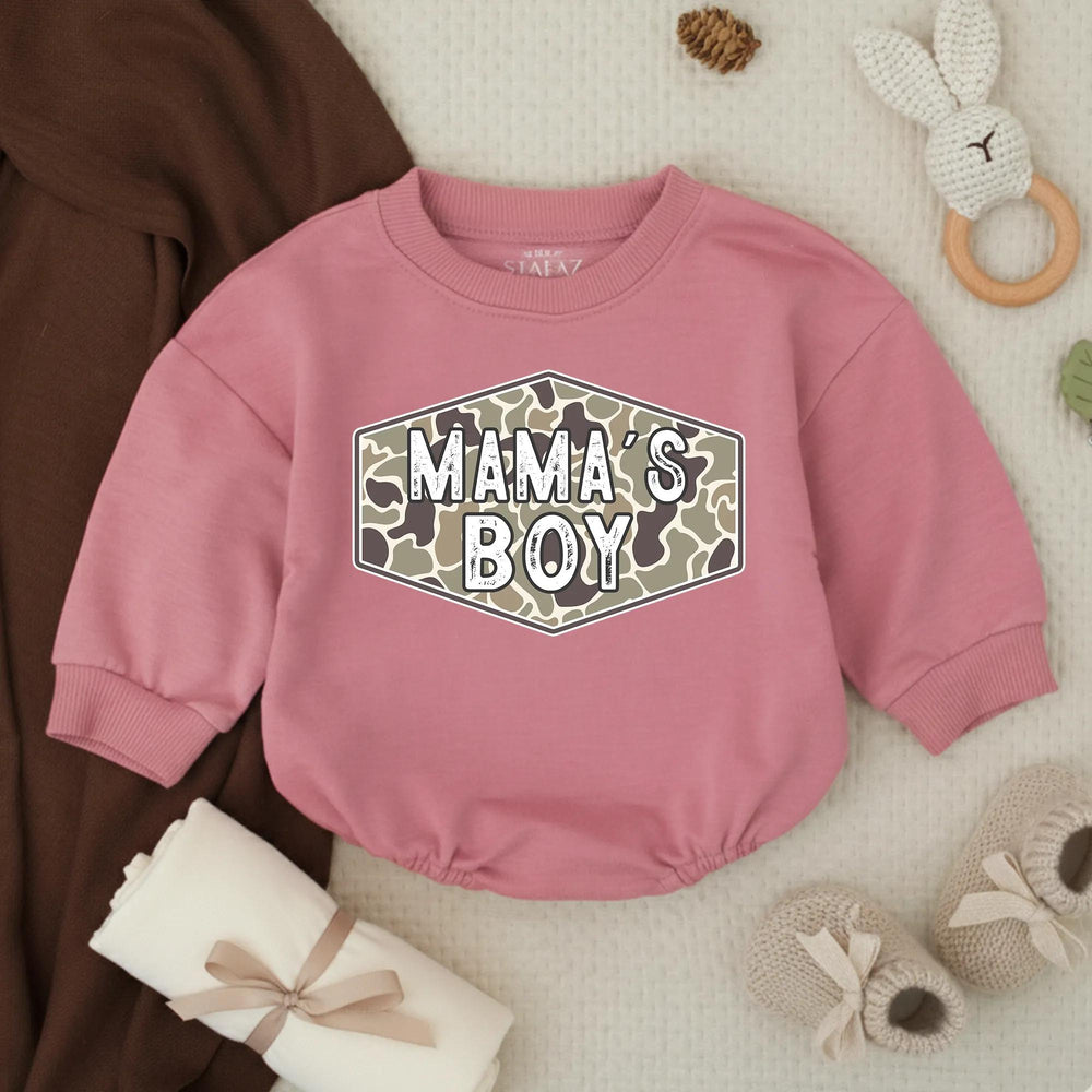 Camo Mama's Boy Bubble Romper Baby Outfit for Hunting Enthusiasts, Country Baby Clothes, Rustic Green and Tan Design Infant Gift