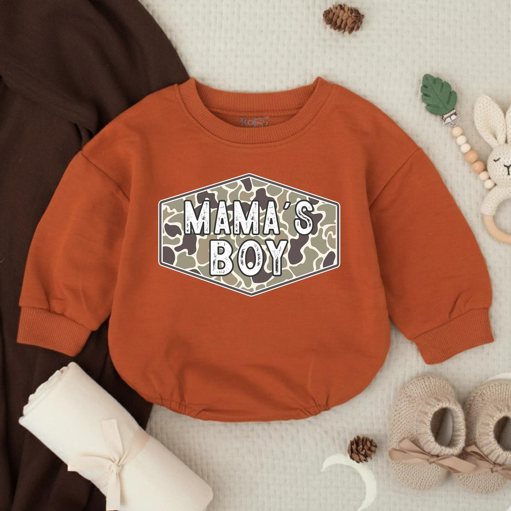 Camo Mama's Boy Bubble Romper Baby Outfit for Hunting Enthusiasts, Country Baby Clothes, Rustic Green and Tan Design Infant Gift