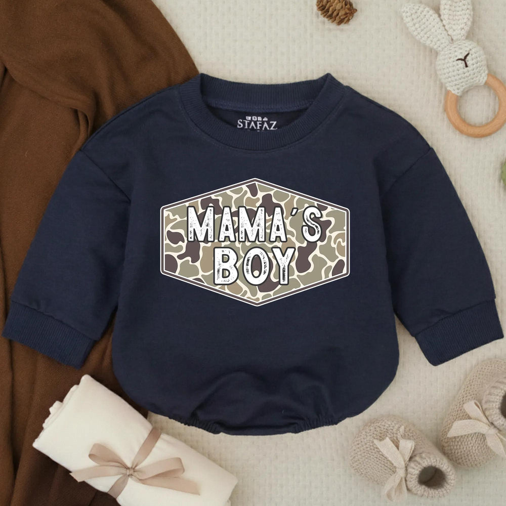 Camo Mama's Boy Bubble Romper Baby Outfit for Hunting Enthusiasts, Country Baby Clothes, Rustic Green and Tan Design Infant Gift