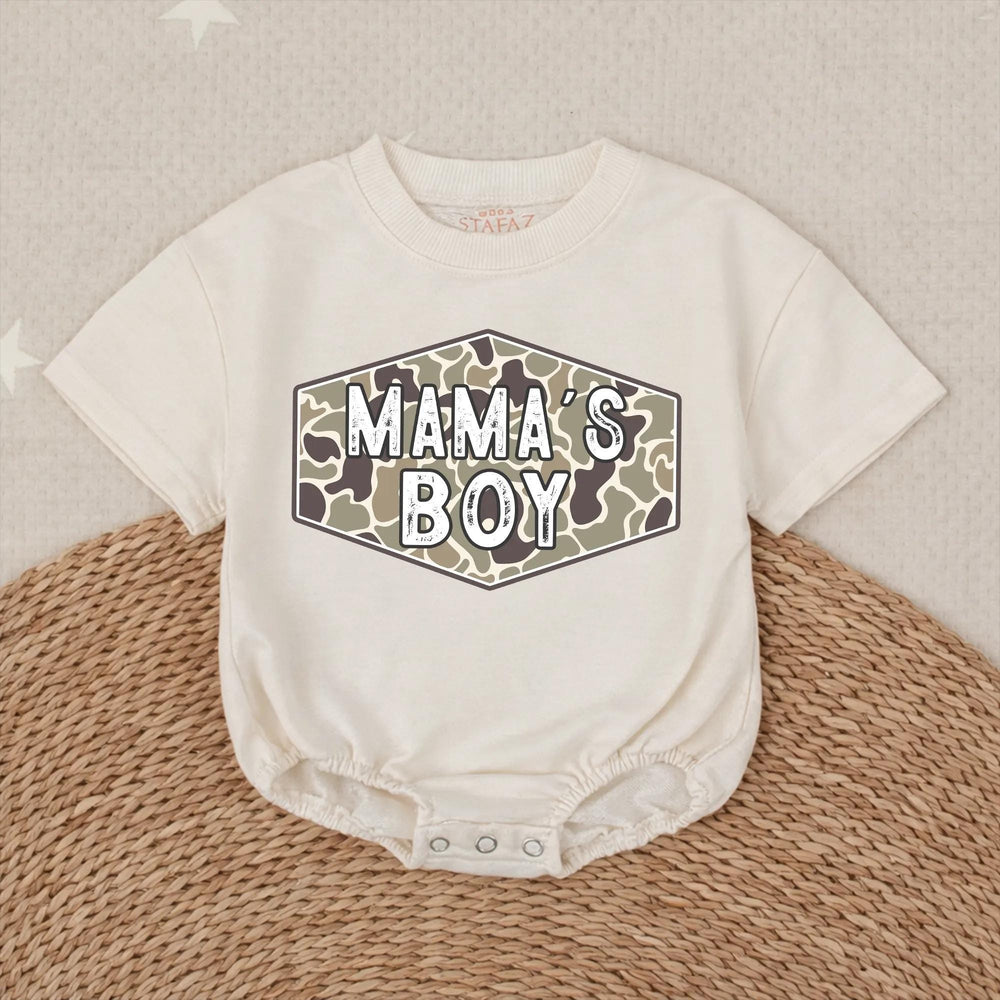 Camo Mama's Boy Bubble Romper Baby Outfit for Hunting Enthusiasts, Country Baby Clothes, Rustic Green and Tan Design Infant Gift