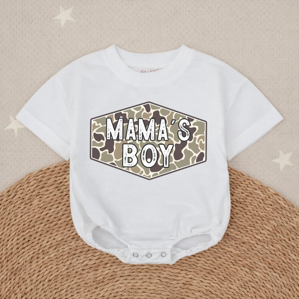 Camo Mama's Boy Bubble Romper Baby Outfit for Hunting Enthusiasts, Country Baby Clothes, Rustic Green and Tan Design Infant Gift