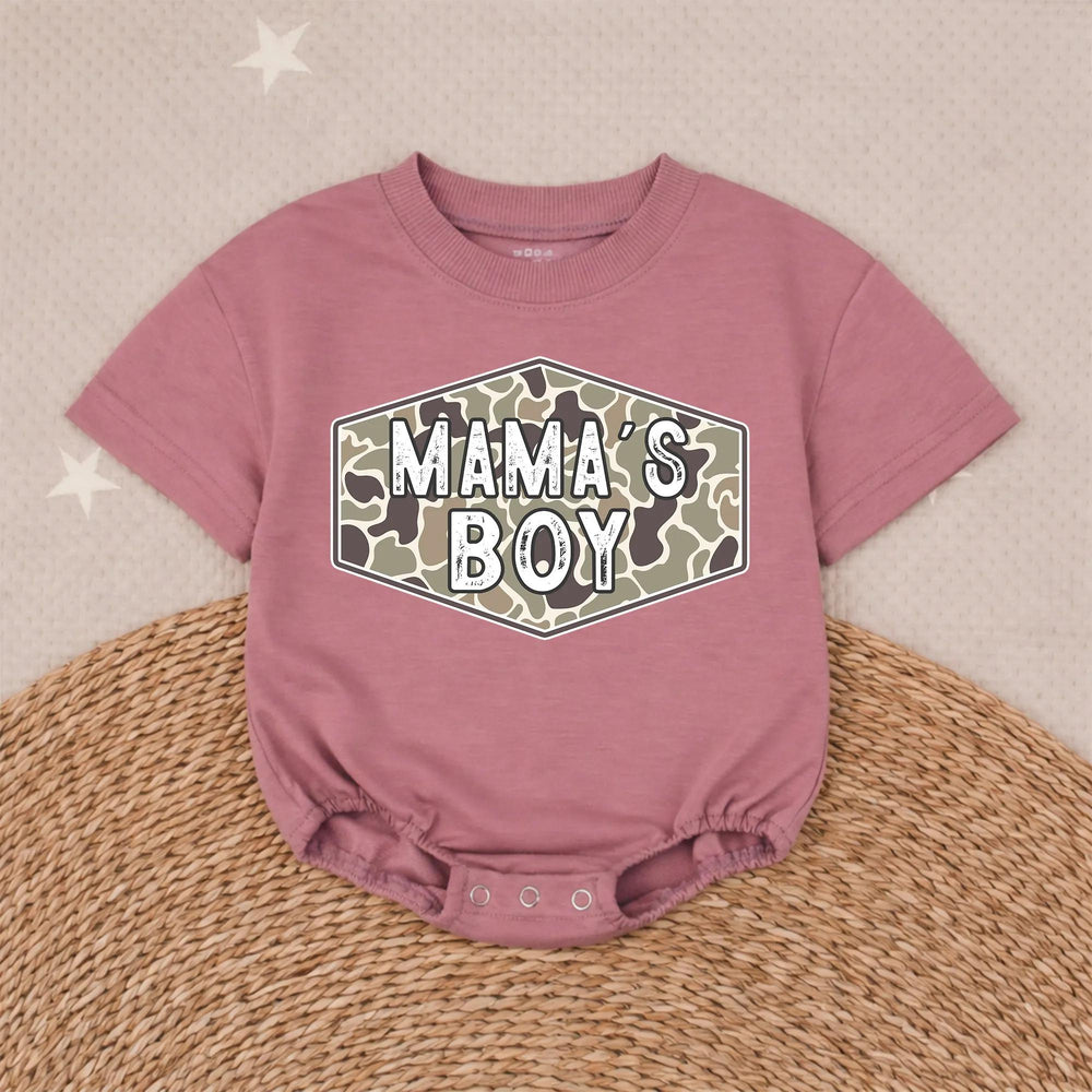 Camo Mama's Boy Bubble Romper Baby Outfit for Hunting Enthusiasts, Country Baby Clothes, Rustic Green and Tan Design Infant Gift