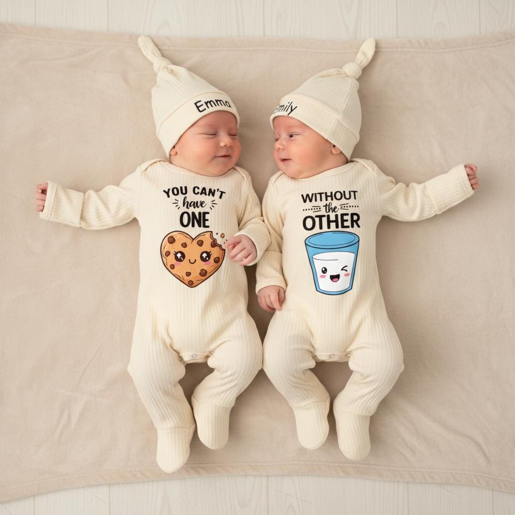 Can't Have One Without The Other Custom Baby Twin Bodysuit and Hat Set, Milk and Cookie Design Newborn Outfit, Fun Gift for New Moms
