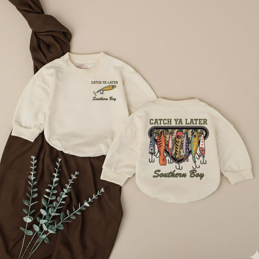 Catch Ya Later Fishing Baby Romper Funny Little Fisherman Outfit Boy Shower Gift Rustic Hand-Drawn Lure Design Soft Cotton Clothes