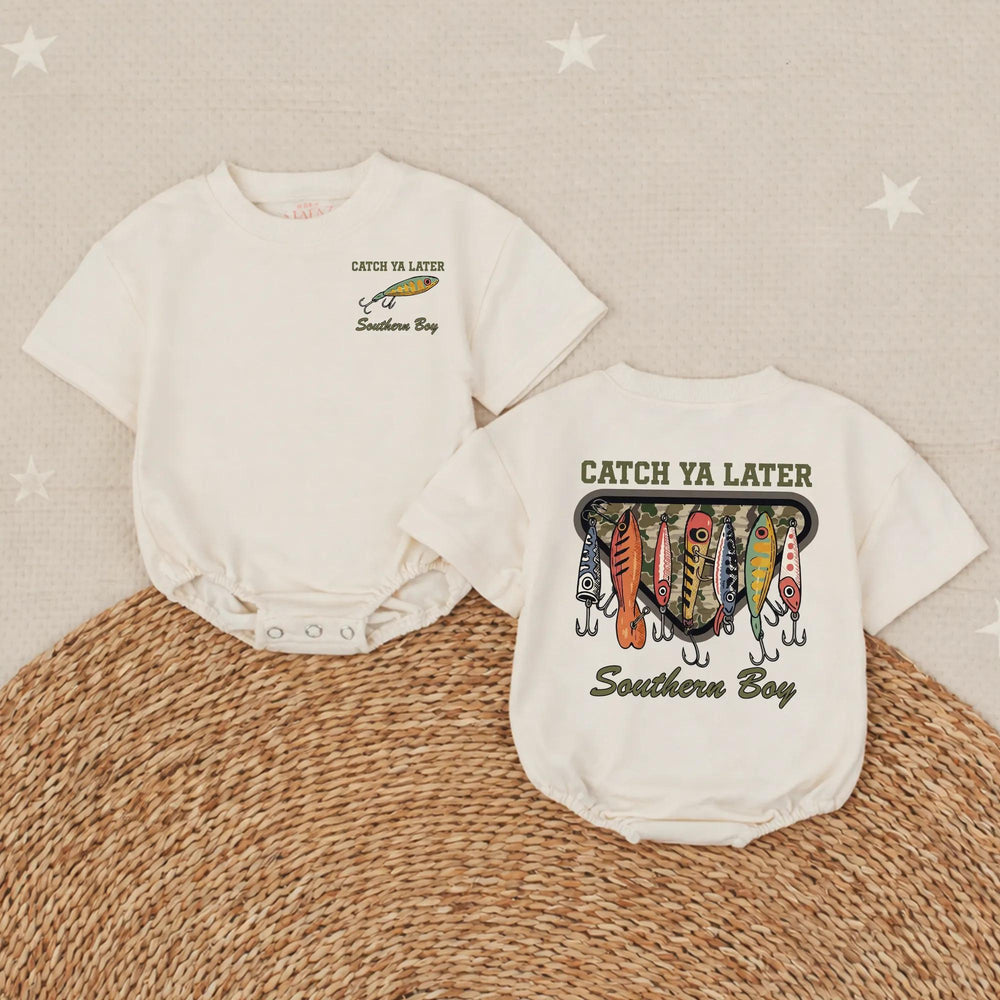 Catch Ya Later Fishing Baby Romper Funny Little Fisherman Outfit Boy Shower Gift Rustic Hand-Drawn Lure Design Soft Cotton Clothes