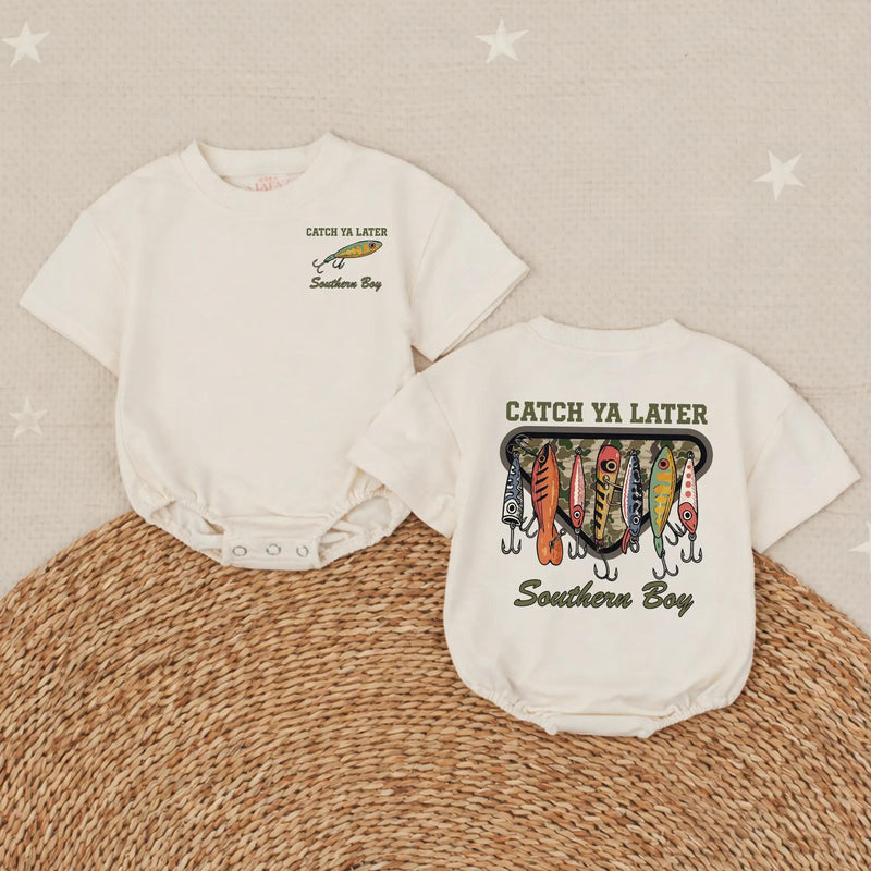 Catch Ya Later Fishing Baby Romper Funny Little Fisherman Outfit Boy Shower Gift Rustic Hand-Drawn Lure Design Soft Cotton Clothes