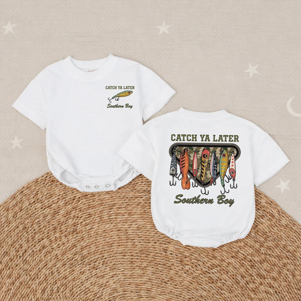 Catch Ya Later Fishing Baby Romper Funny Little Fisherman Outfit Boy Shower Gift Rustic Hand-Drawn Lure Design Soft Cotton Clothes