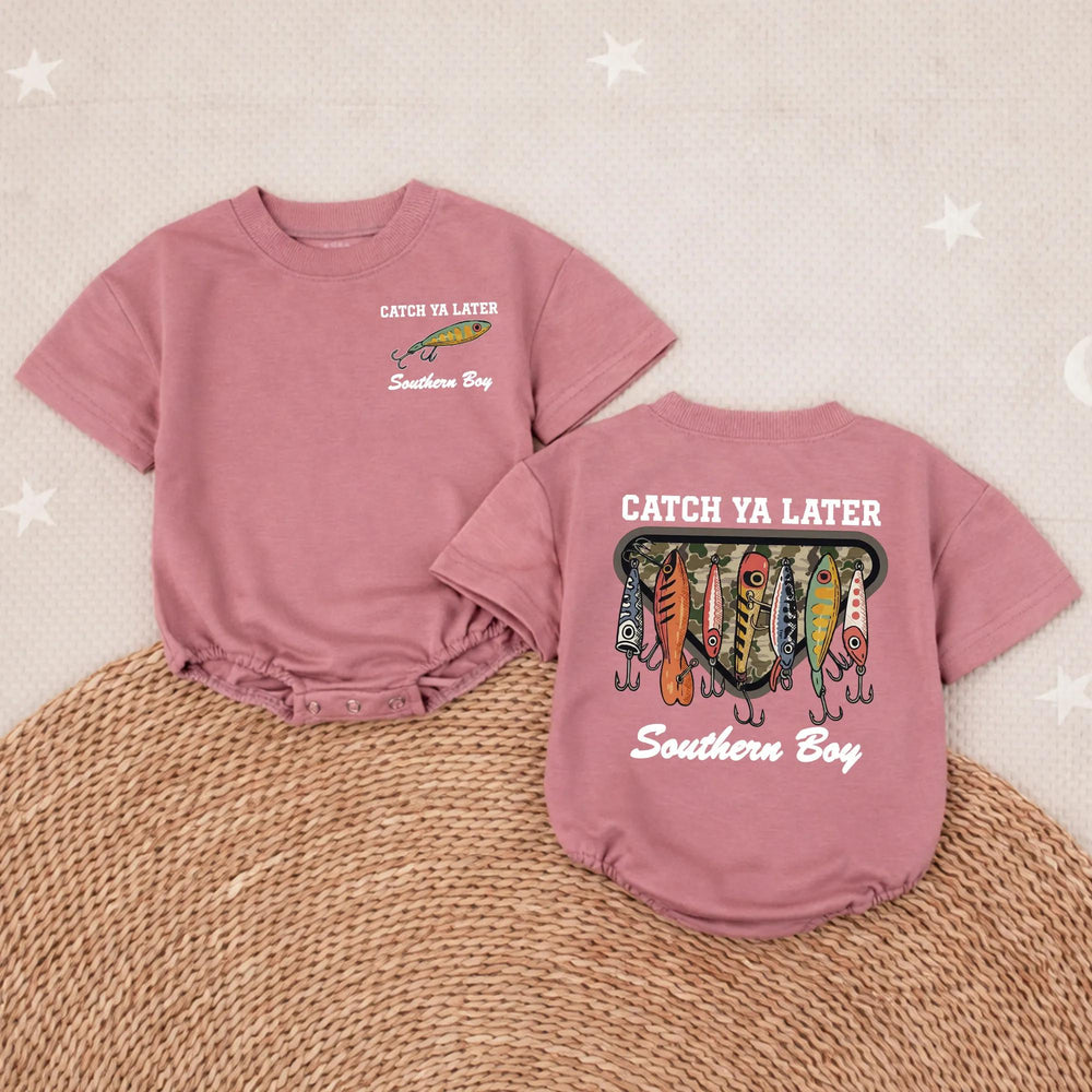 Catch Ya Later Fishing Baby Romper Funny Little Fisherman Outfit Boy Shower Gift Rustic Hand-Drawn Lure Design Soft Cotton Clothes