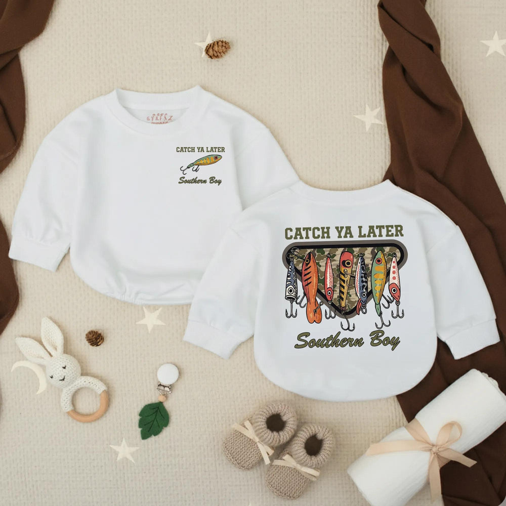 Catch Ya Later Fishing Baby Romper Funny Little Fisherman Outfit Boy Shower Gift Rustic Hand-Drawn Lure Design Soft Cotton Clothes