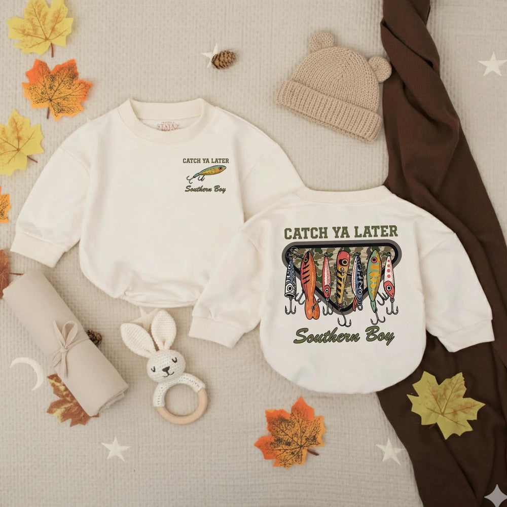 Catch Ya Later Fishing Baby Romper Funny Little Fisherman Outfit Boy Shower Gift Rustic Hand-Drawn Lure Design Soft Cotton Clothes