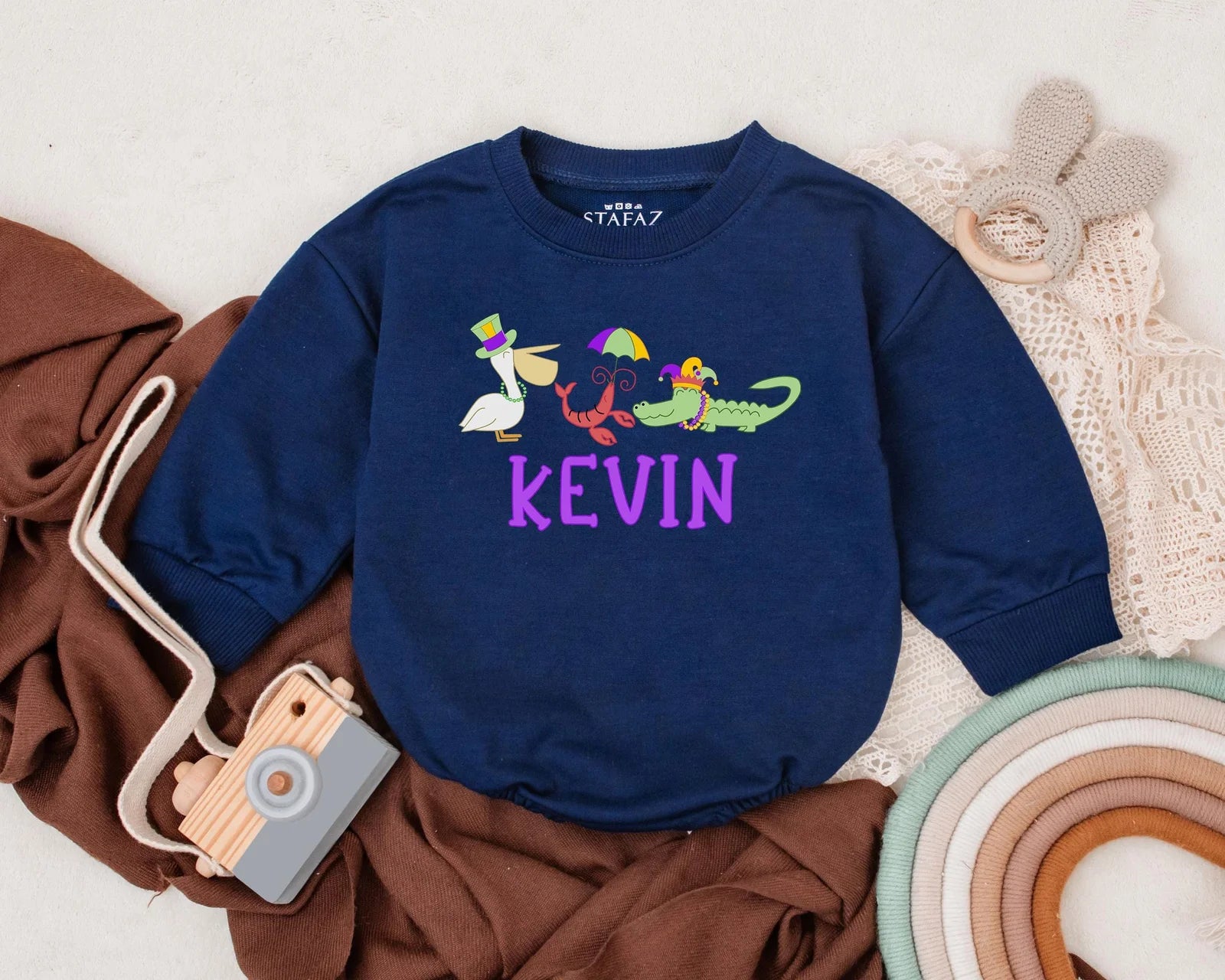 Personalized Mardi Gras Baby Romper with Duck Crab Alligator Design Vibrant Unisex Newborn Outfit Perfect Baby Shower Gift