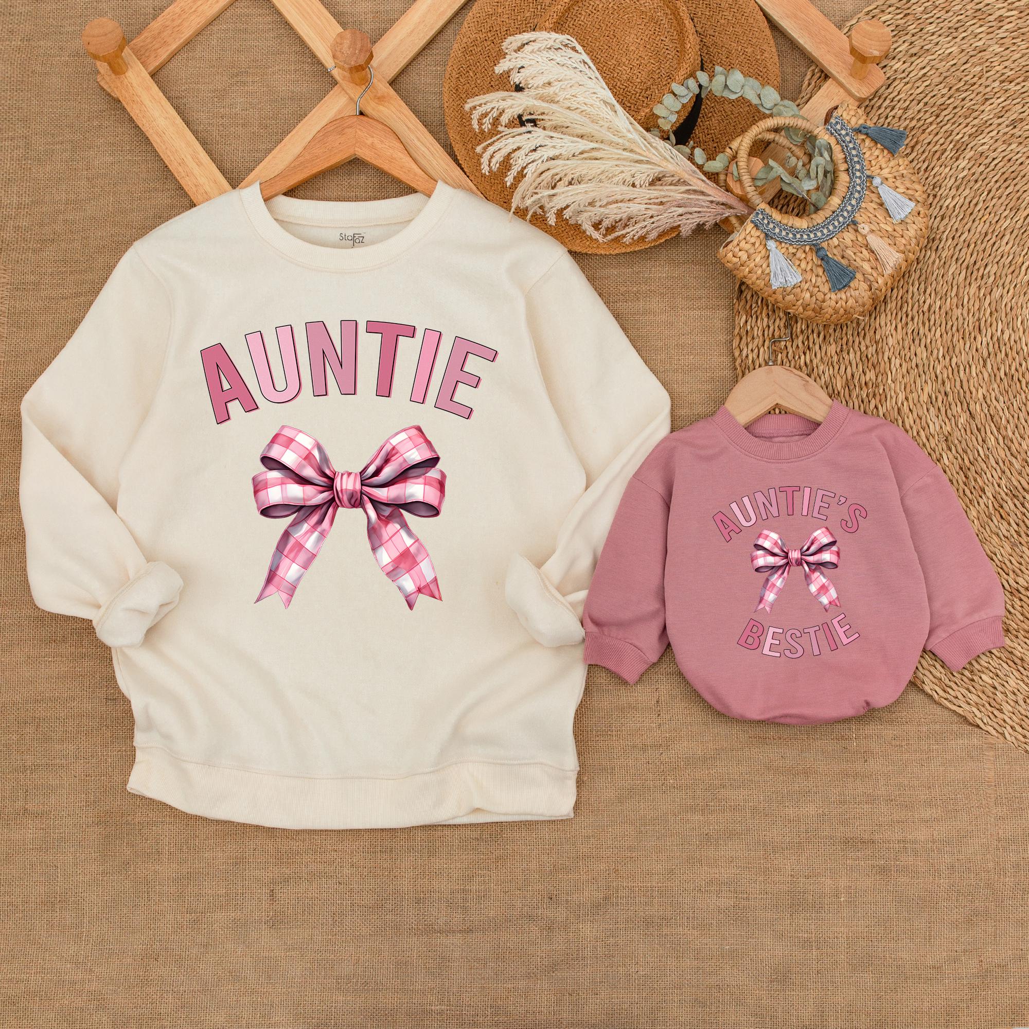 Charming Auntie and Me Matching Sweatshirts Pink Plaid Bow Design Cozy Family Bonding Outfit Baby Toddler Casual Gift Holiday
