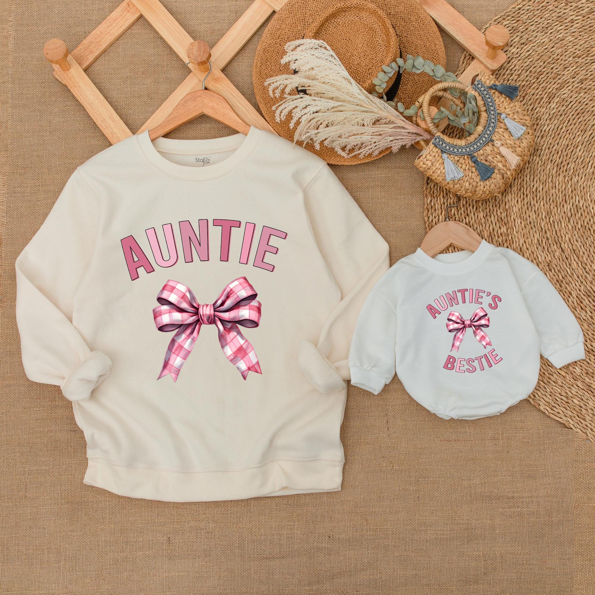 Charming Auntie and Me Matching Sweatshirts Pink Plaid Bow Design Cozy Family Bonding Outfit Baby Toddler Casual Gift Holiday