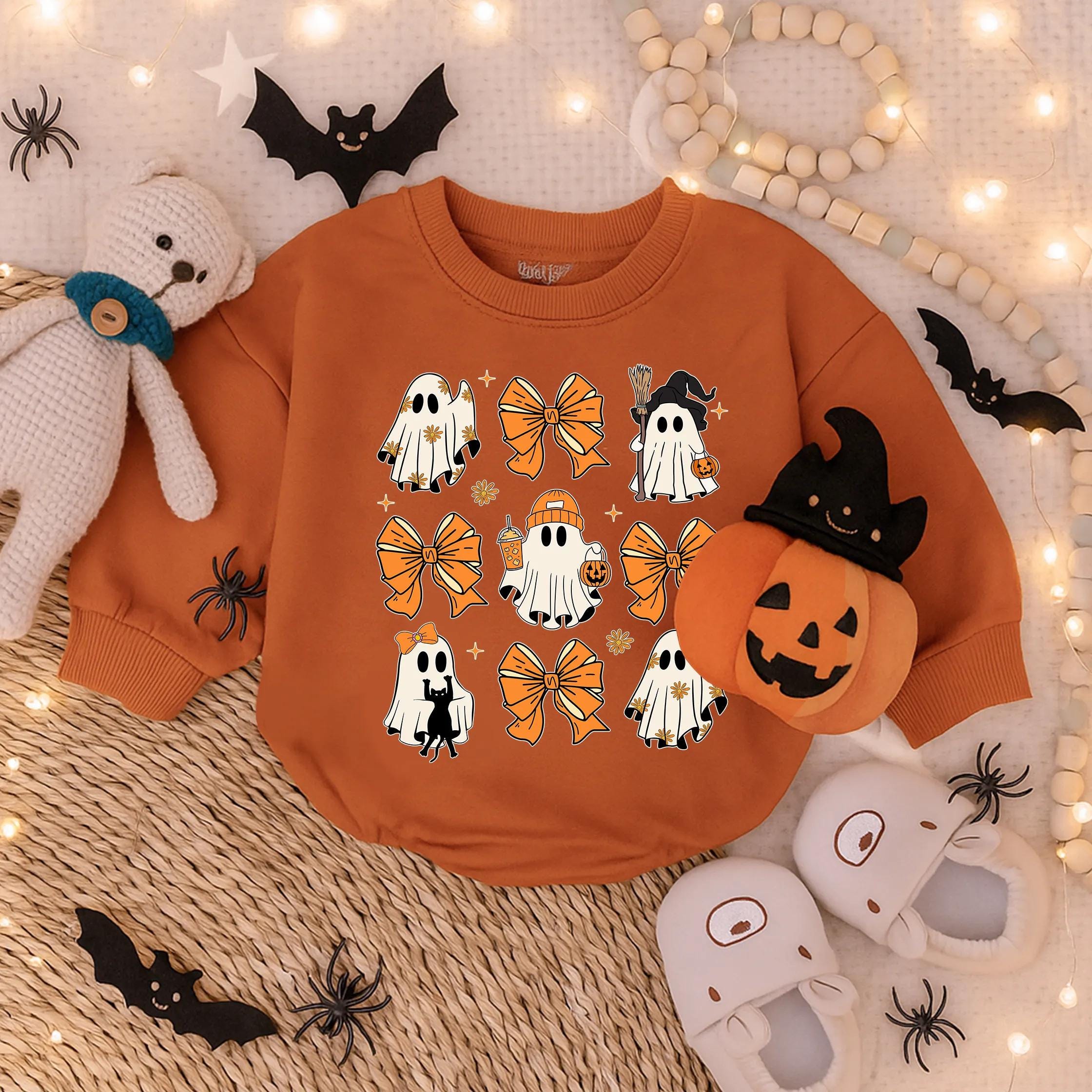 Charming Halloween Baby Romper with Cute Ghosts and Stars for Spooky Celebrations Soft Cotton Infant Costume Gift
