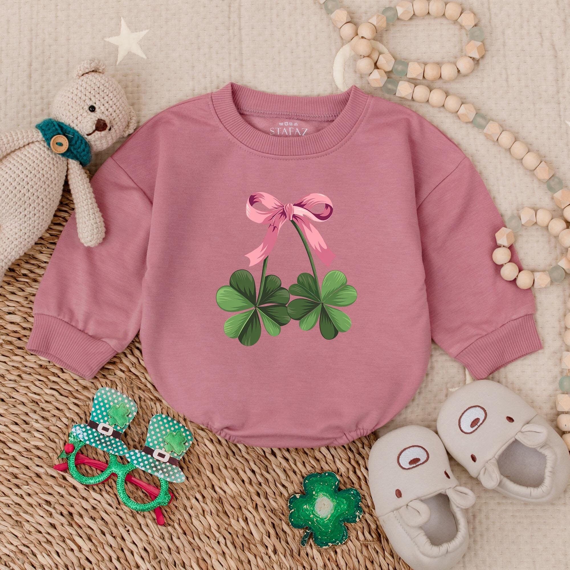 Charming Shamrock Bow Baby Romper St Patrick's Day Outfit Lucky Irish Gift Soft Cotton Playful Pink Green Design Infant Clothes