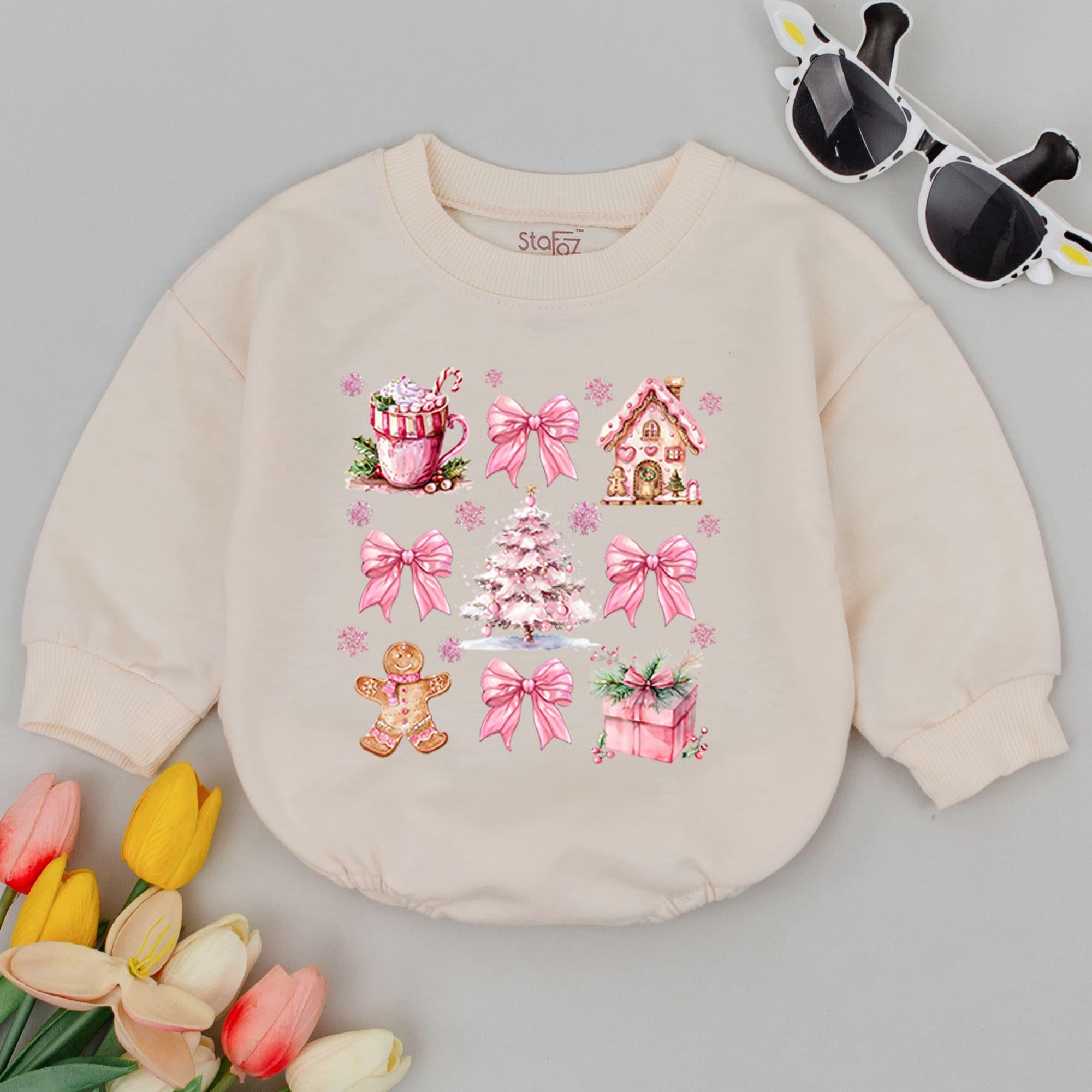 Charming Vintage Christmas Baby Romper Pink Tree Gingerbread Holiday Outfit Soft Retro Design Infant Girls First Christmas Attire