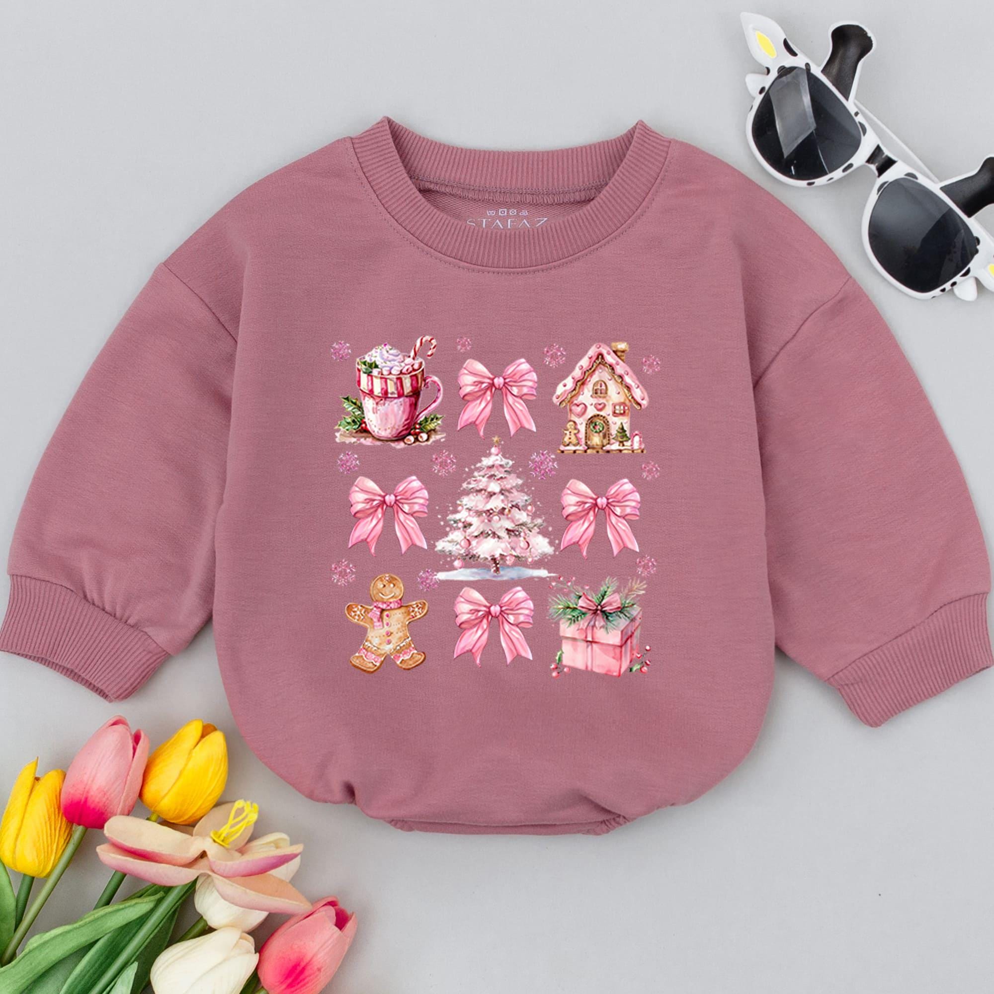 Charming Vintage Christmas Baby Romper Pink Tree Gingerbread Holiday Outfit Soft Retro Design Infant Girls First Christmas Attire