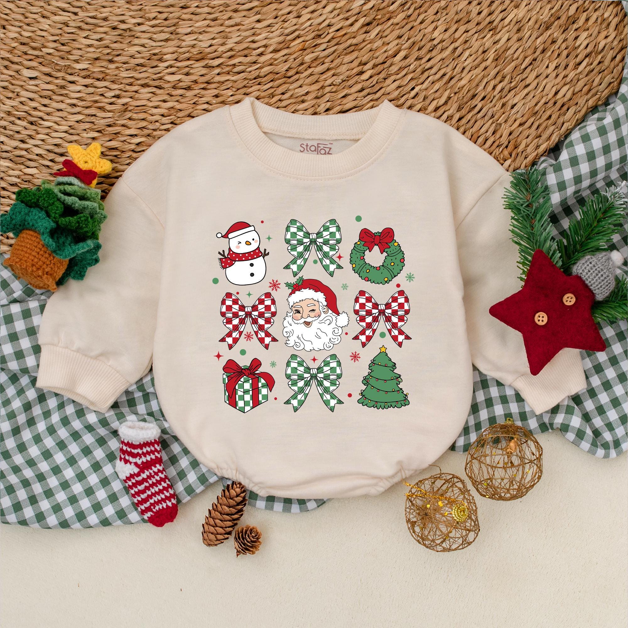 Charming Vintage Christmas Baby Romper with Santa Snowman Bow Holiday Outfit First Xmas Soft Cotton Infant Girl Clothes