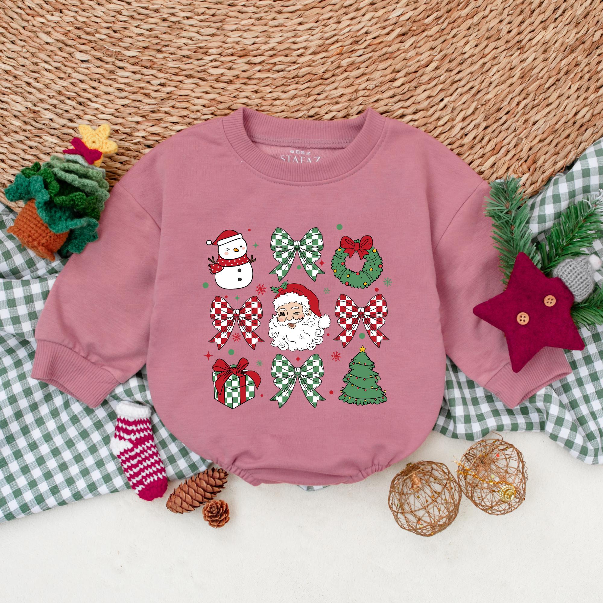 Charming Vintage Christmas Baby Romper with Santa Snowman Bow Holiday Outfit First Xmas Soft Cotton Infant Girl Clothes