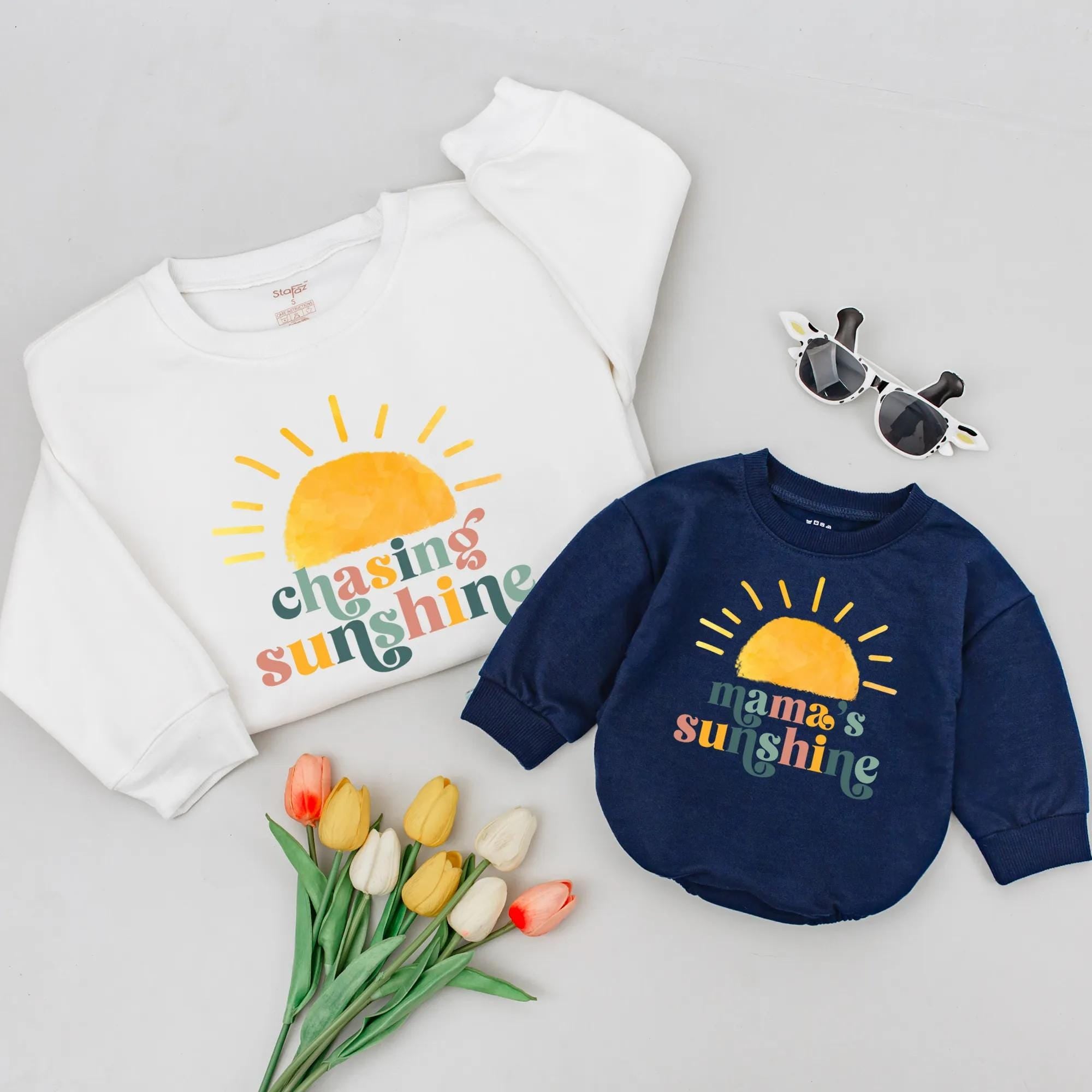 Chasing Sunshine Mommy and Me Matching Sweatshirts, Retro Sun Graphic Shirts for Mom and Baby, Cute Family Outfit Idea