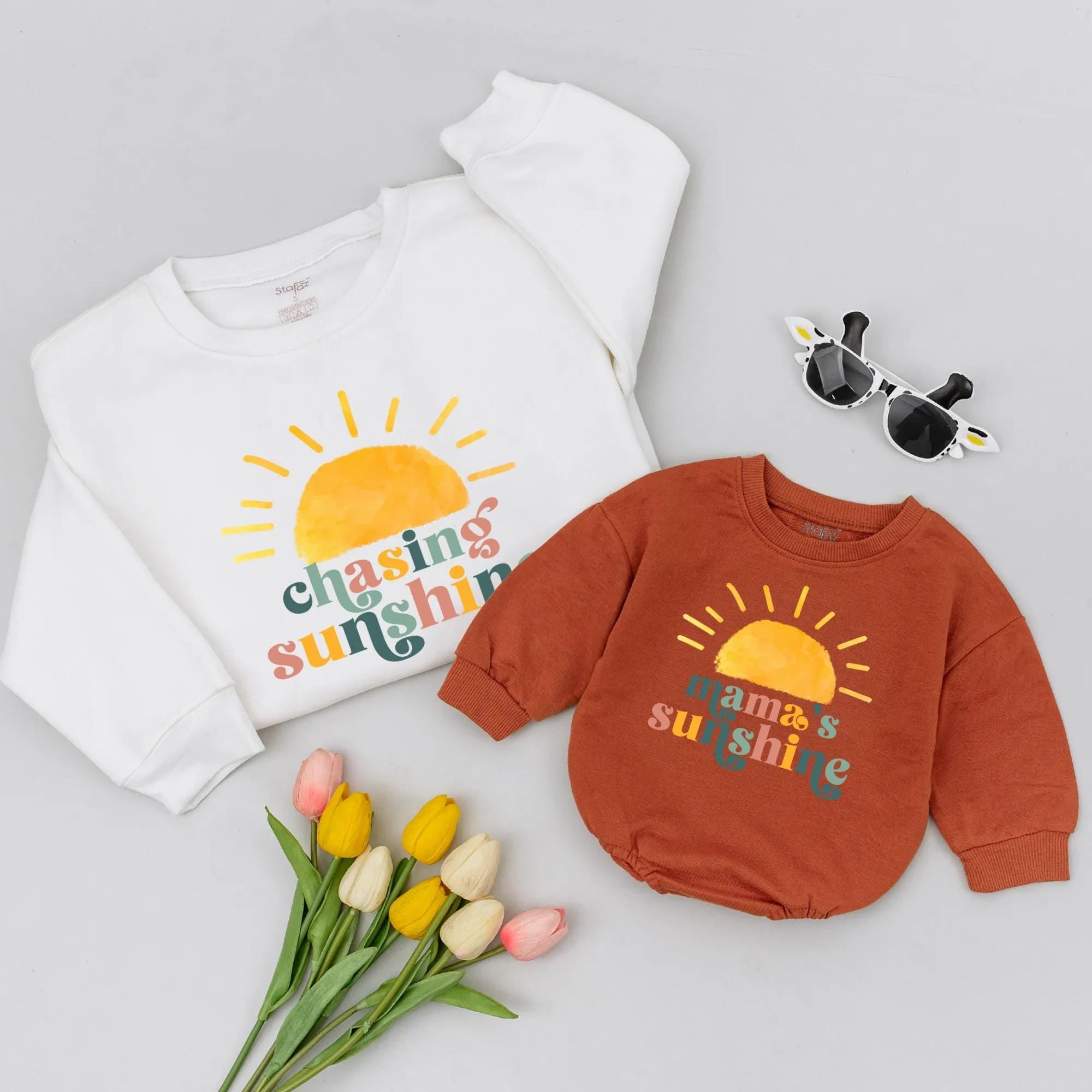 Chasing Sunshine Mommy and Me Matching Sweatshirts, Retro Sun Graphic Shirts for Mom and Baby, Cute Family Outfit Idea