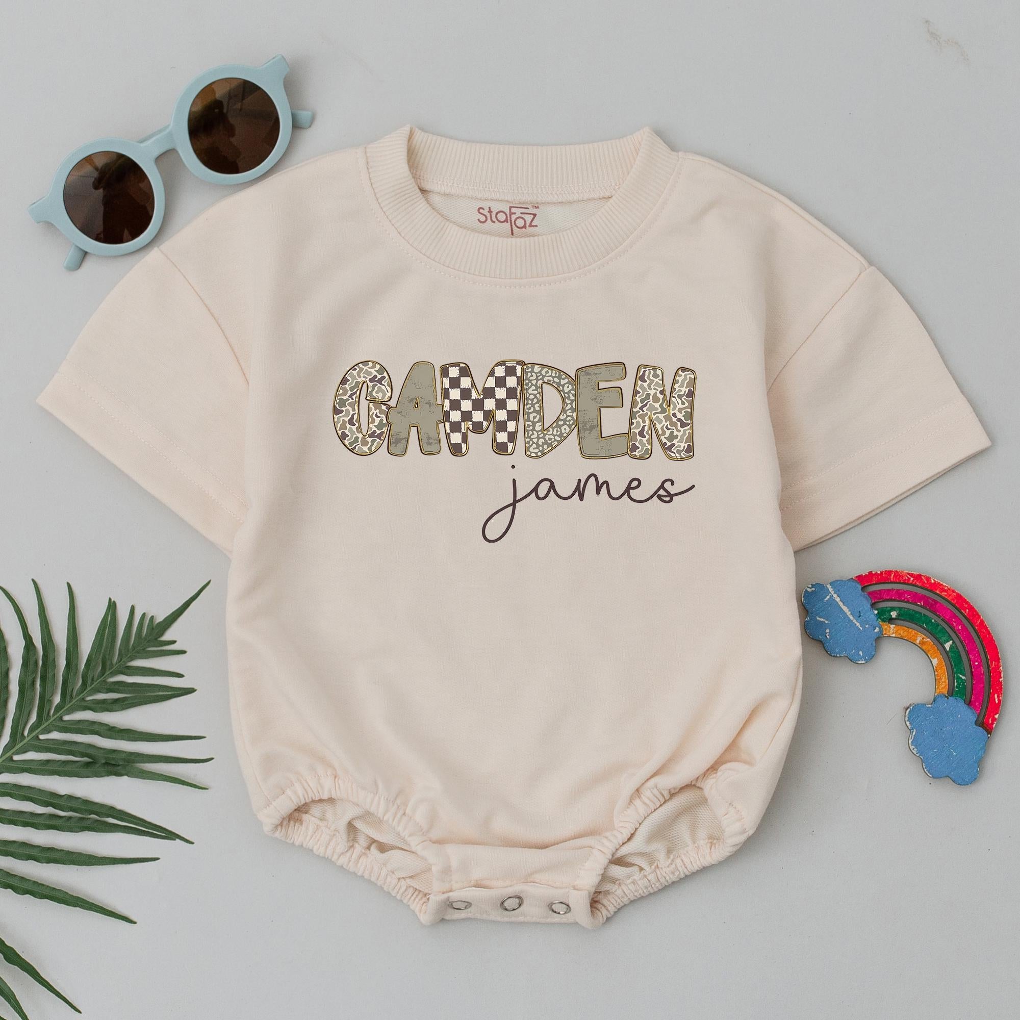 Checkered Camo Name Baby Romper with Custom Text, Neutral Short Sleeve Bodysuit for Boys, Newborn Coming Home Outfit