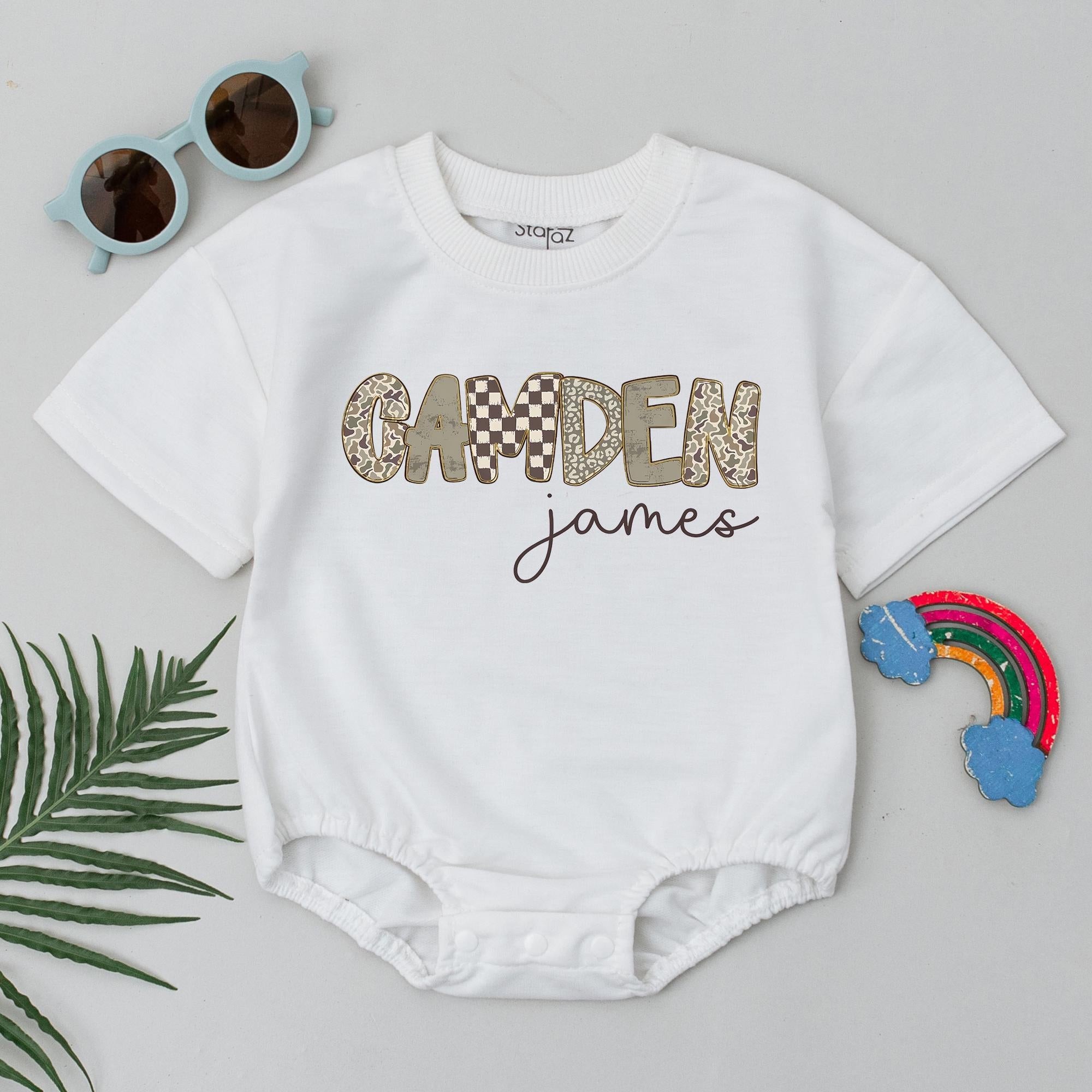 Checkered Camo Name Baby Romper with Custom Text, Neutral Short Sleeve Bodysuit for Boys, Newborn Coming Home Outfit