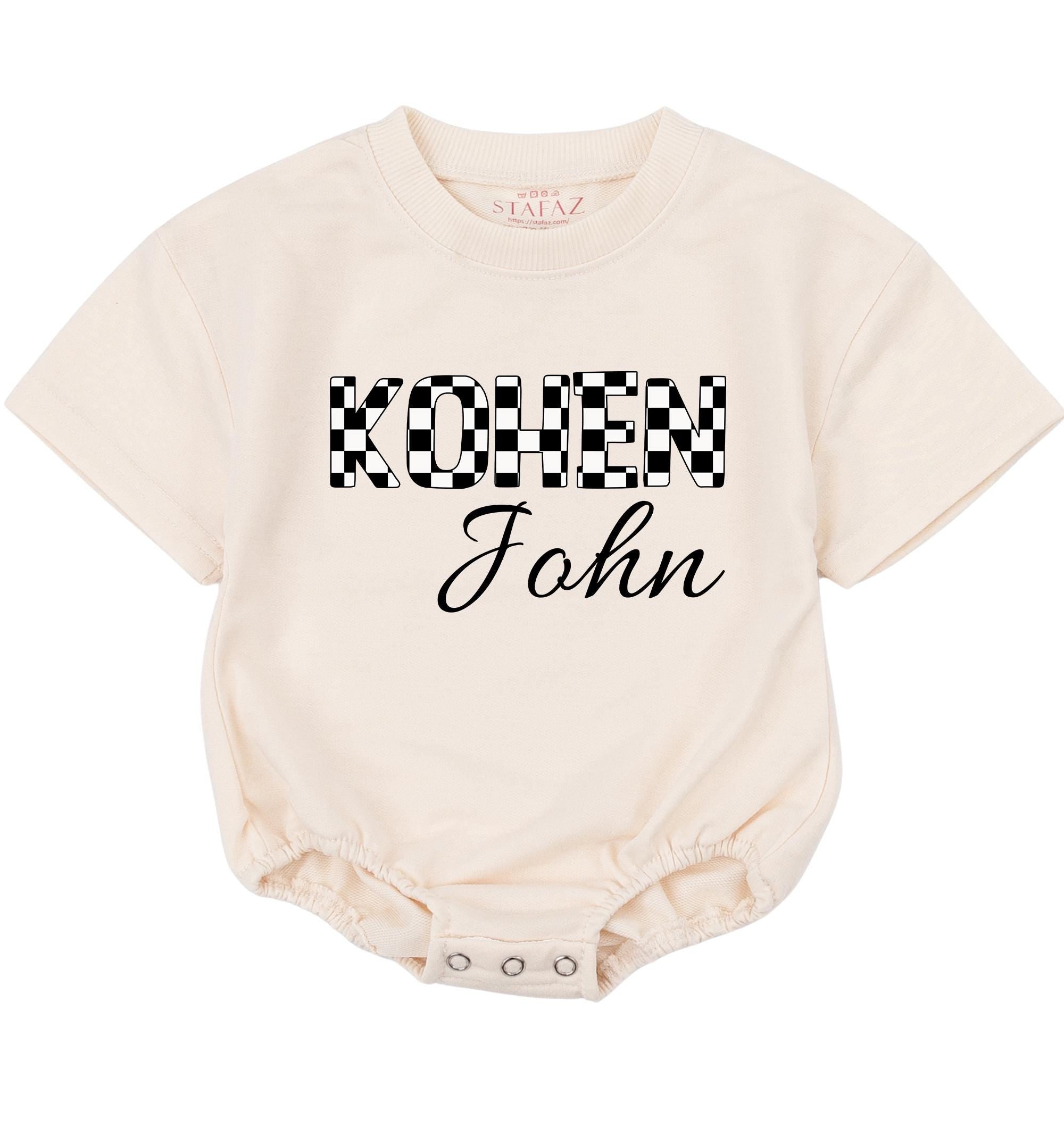 Checkered Name Baby Romper with Custom First and Middle Name, Short Sleeve Infant Outfit for Milestone Photos and Baby Showers