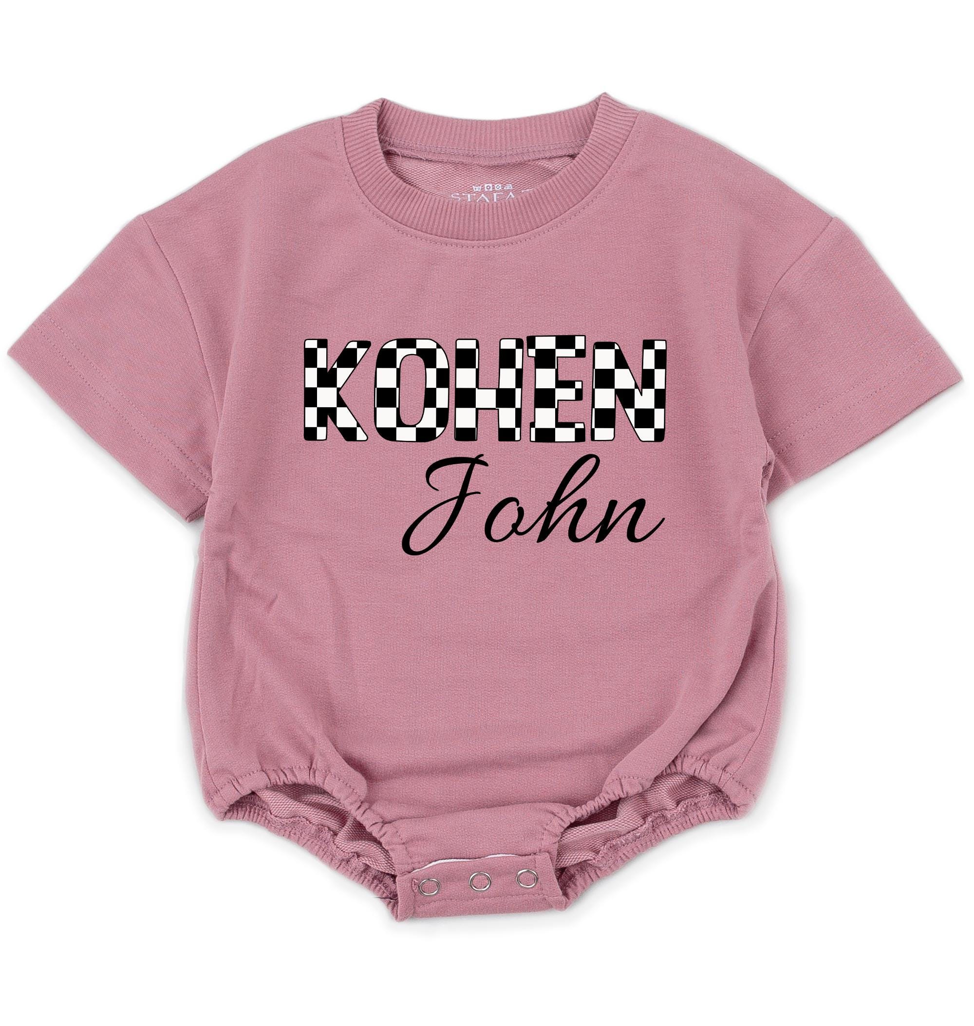 Checkered Name Baby Romper with Custom First and Middle Name, Short Sleeve Infant Outfit for Milestone Photos and Baby Showers