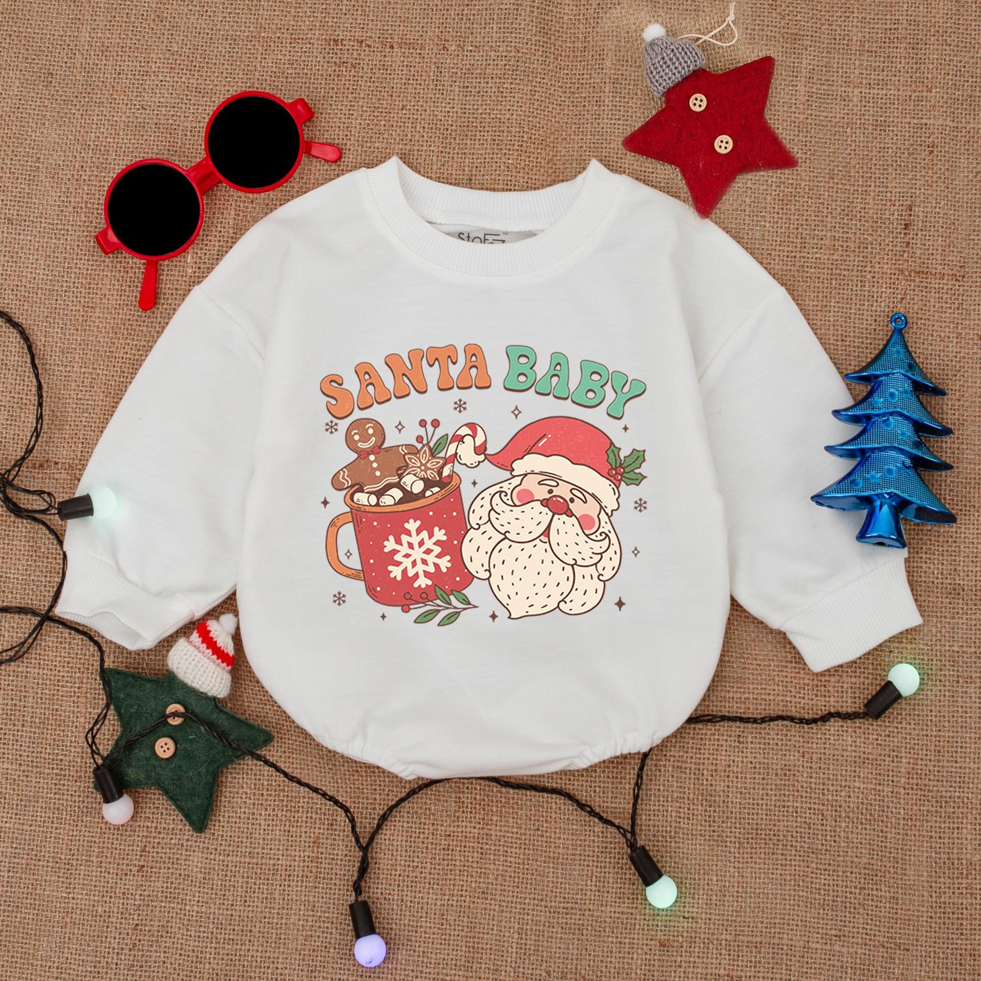 Cheerful Santa Baby Bubble Romper with Reindeer Hot Cocoa Design Cozy Holiday Outfit Infant Christmas Gift