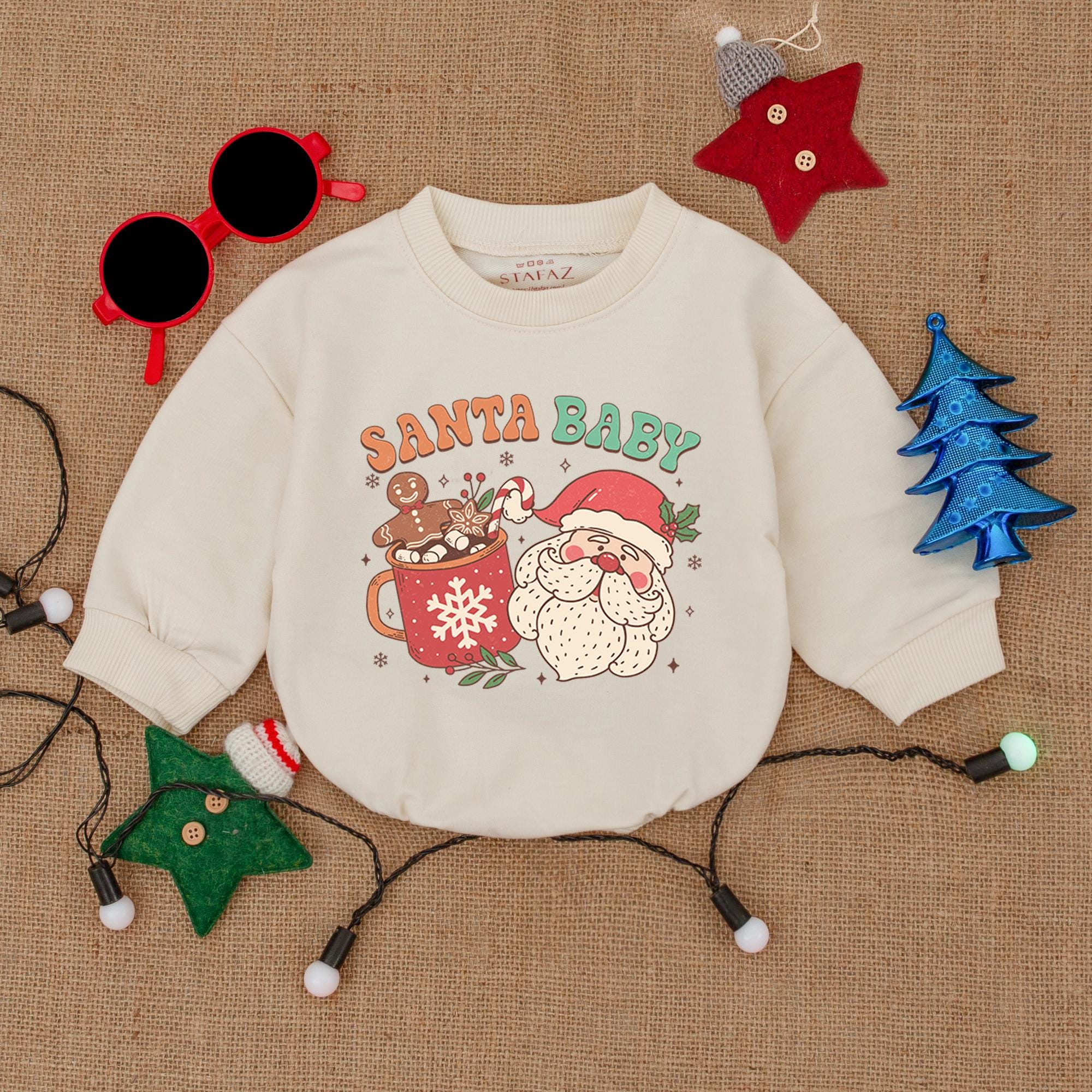 Cheerful Santa Baby Bubble Romper with Reindeer Hot Cocoa Design Cozy Holiday Outfit Infant Christmas Gift