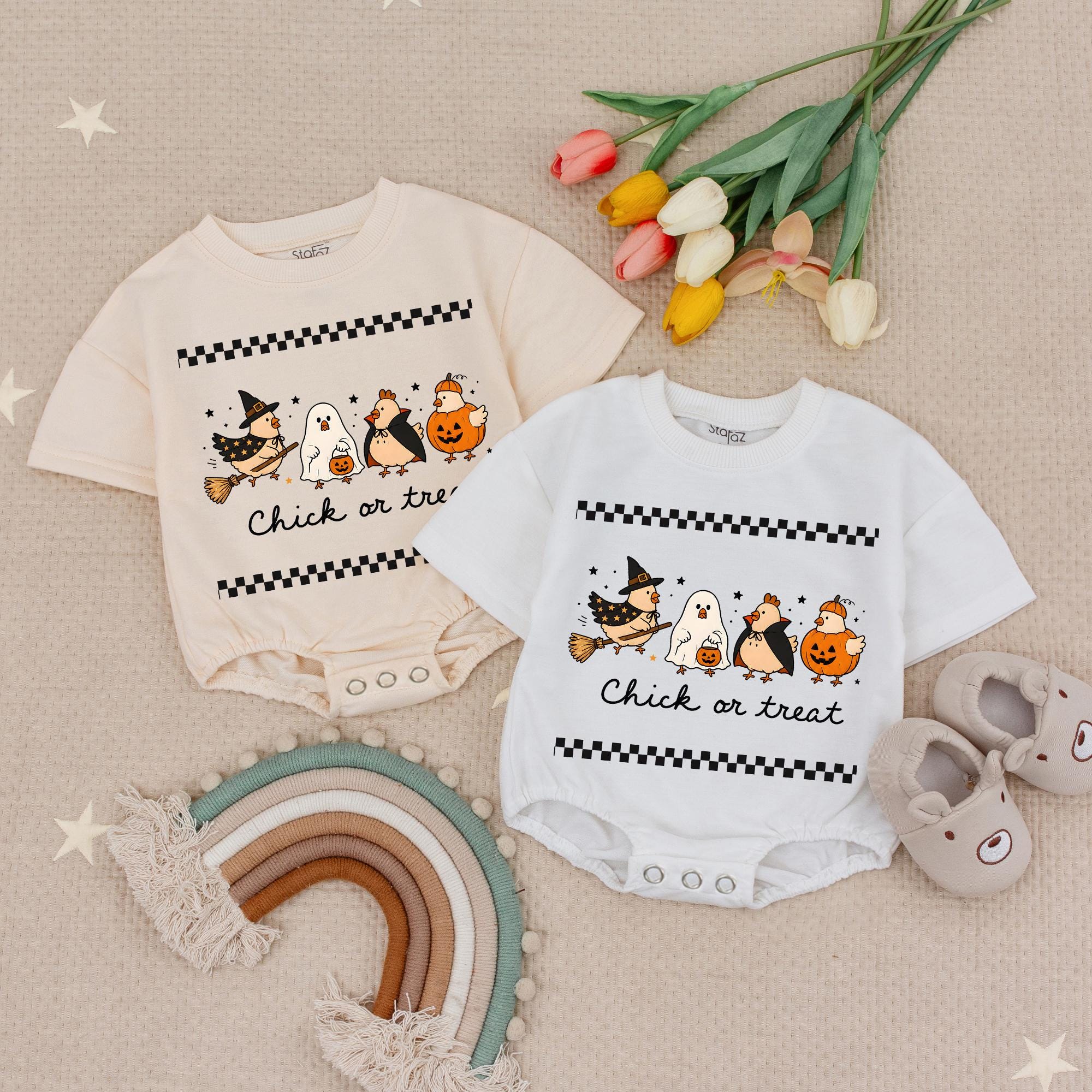 Chick or Treat Halloween Baby Romper and Matching Family Shirts, Cute Ghost and Pumpkin Graphic, Fall Baby Shower Gift Outfit