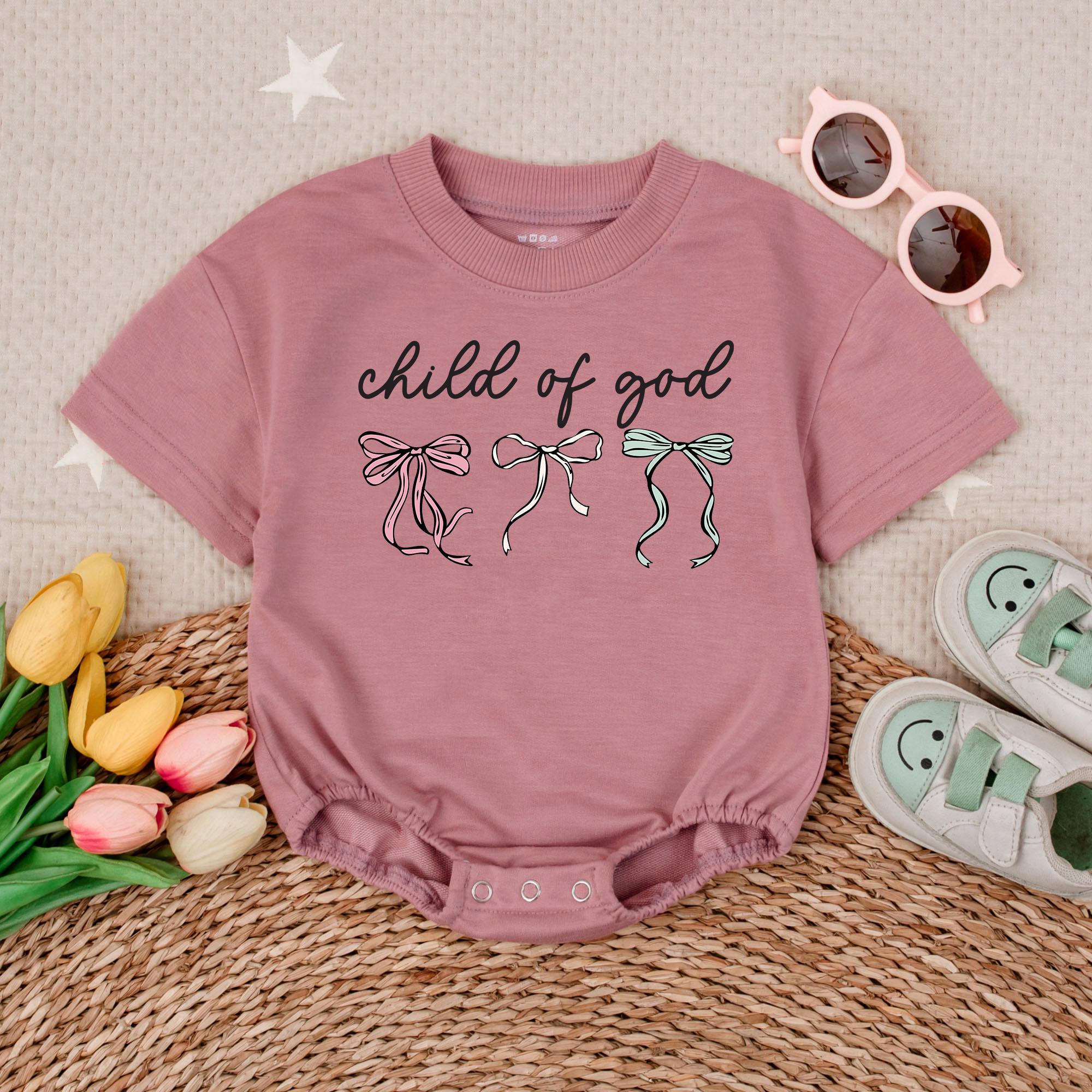 Child of God Baby Romper Short Sleeves Pastel Bows Christian Infant Bodysuit Soft Cotton Newborn Clothes Perfect Baby Shower Gift