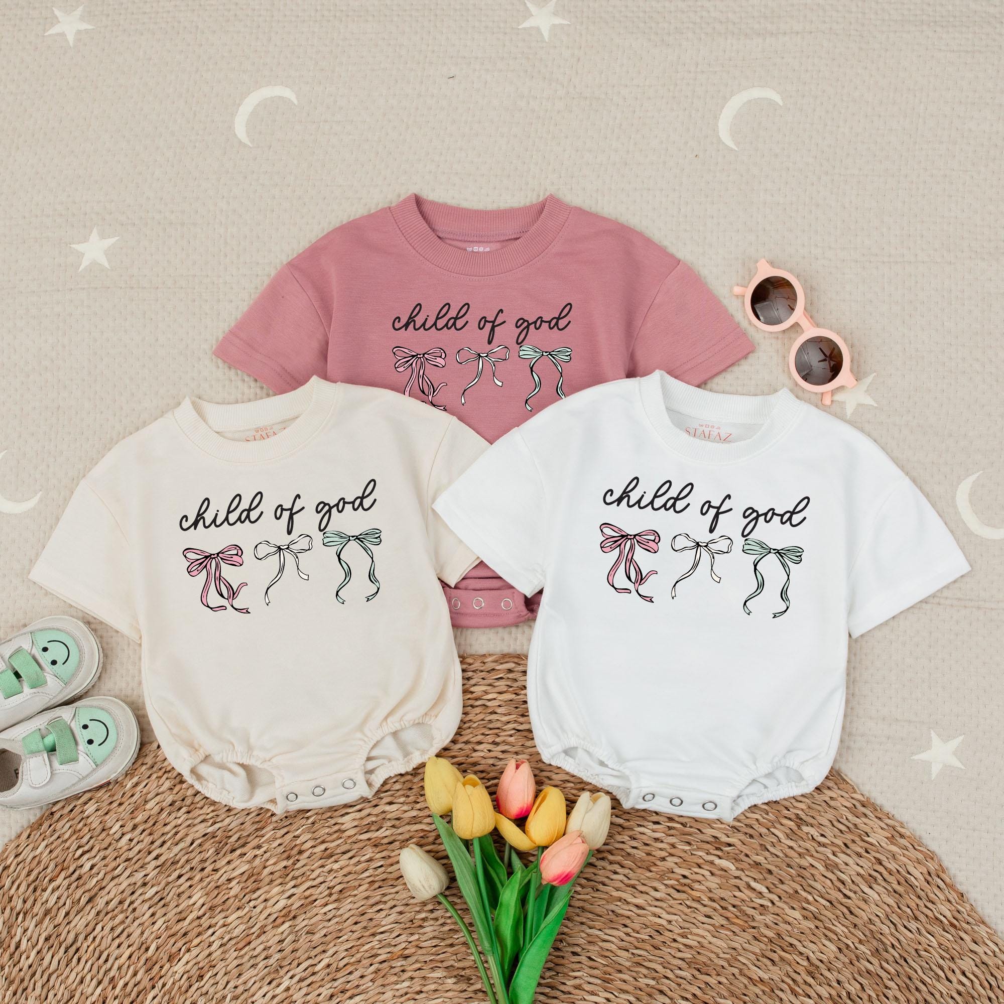 Child of God Baby Romper Short Sleeves Pastel Bows Christian Infant Bodysuit Soft Cotton Newborn Clothes Perfect Baby Shower Gift