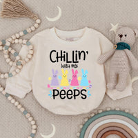 Chillin' With My Peeps Easter Baby Bodysuit with Bunny and Egg Design Funny Holiday Romper Cute Pastel Infant Gift Soft Comfortable Outfit