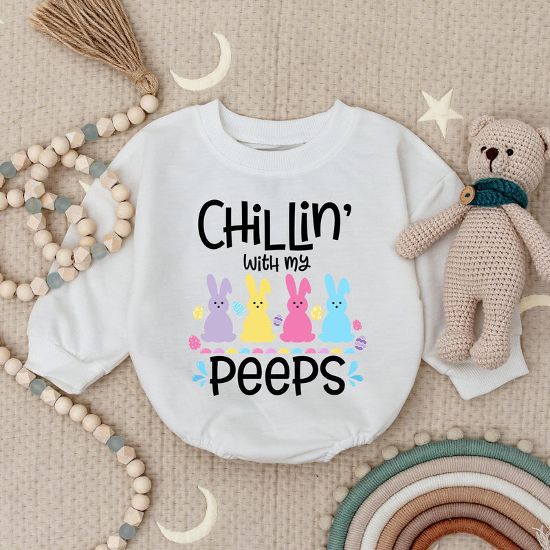 Chillin' With My Peeps Easter Baby Bodysuit with Bunny and Egg Design Funny Holiday Romper Cute Pastel Infant Gift Soft Comfortable Outfit