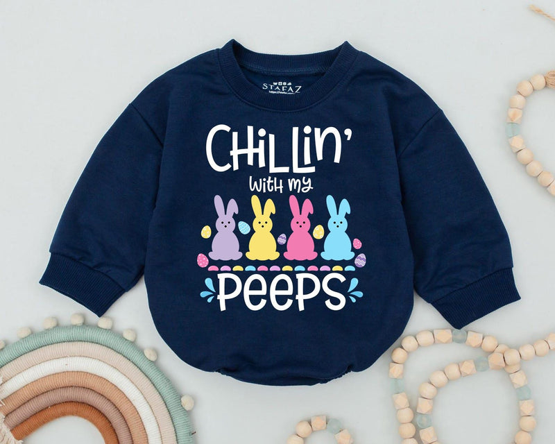 Chillin' With My Peeps Easter Baby Bodysuit with Bunny and Egg Design Funny Holiday Romper Cute Pastel Infant Gift Soft Comfortable Outfit