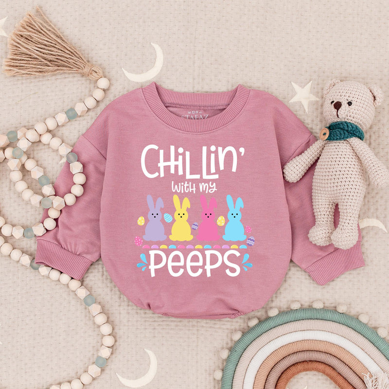 Chillin' With My Peeps Easter Baby Bodysuit with Bunny and Egg Design Funny Holiday Romper Cute Pastel Infant Gift Soft Comfortable Outfit