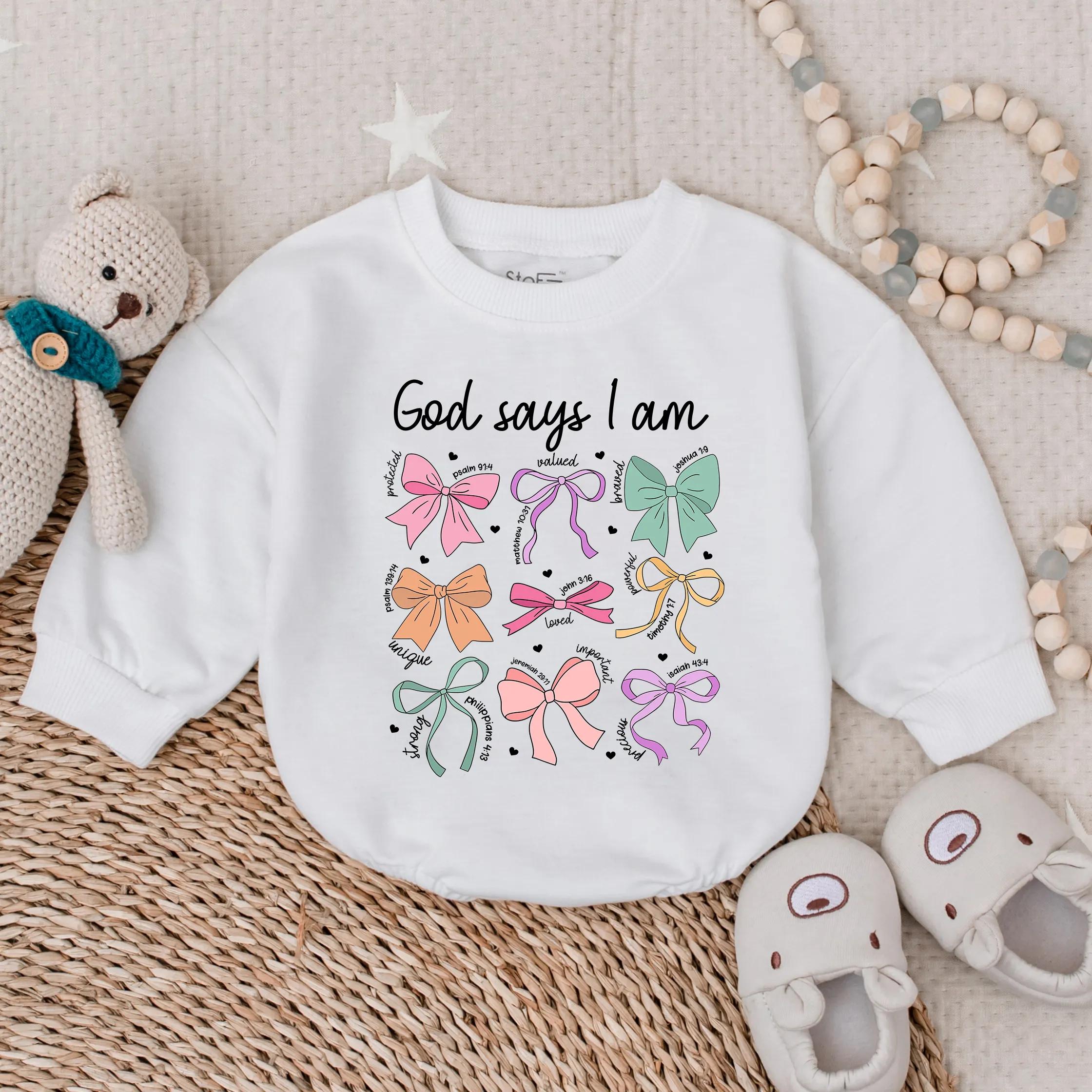 Christian Girls Romper God Says I Am Colorful Bow Design Toddler Bible Verse Outfit Sunday School Apparel Gift Idea Soft Cotton