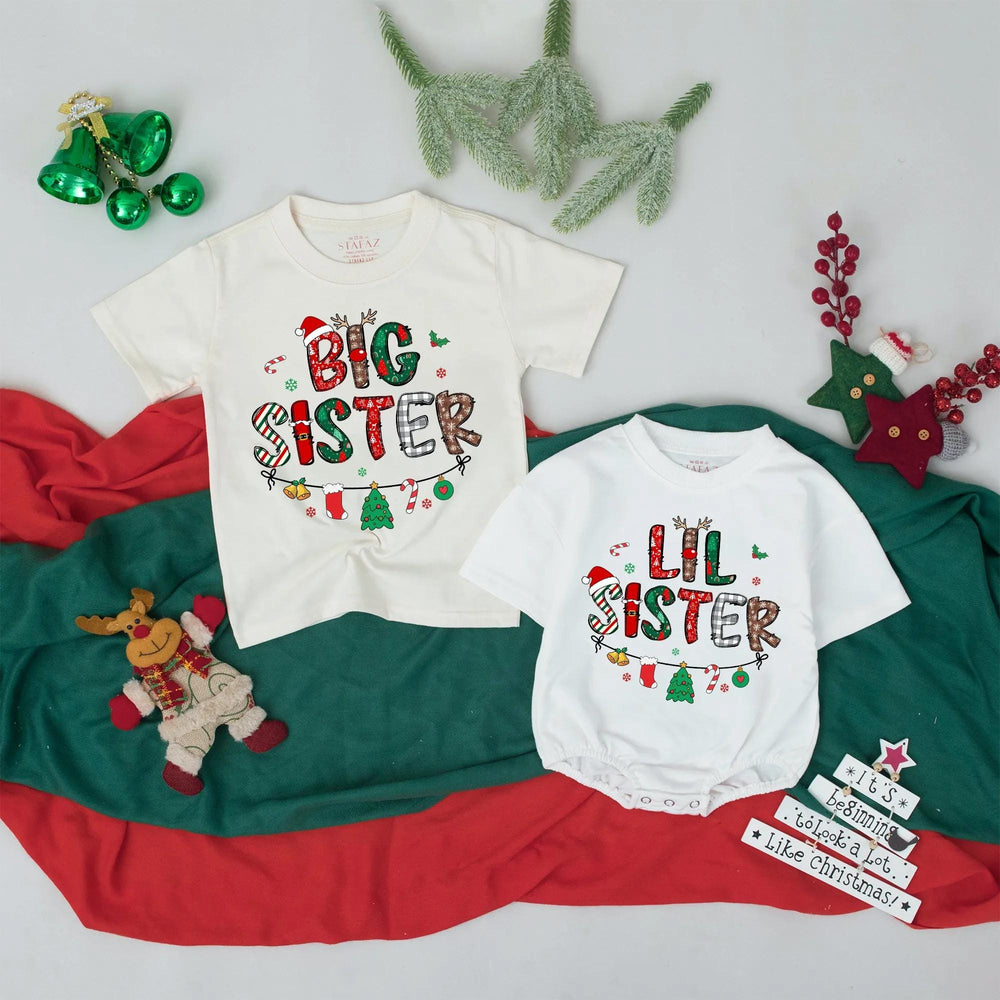 Christmas Big Sister Lil Sister Matching Shirts with Festive Patterns Santa Hat Antlers Ornaments Perfect Holiday Baby Gift Tee