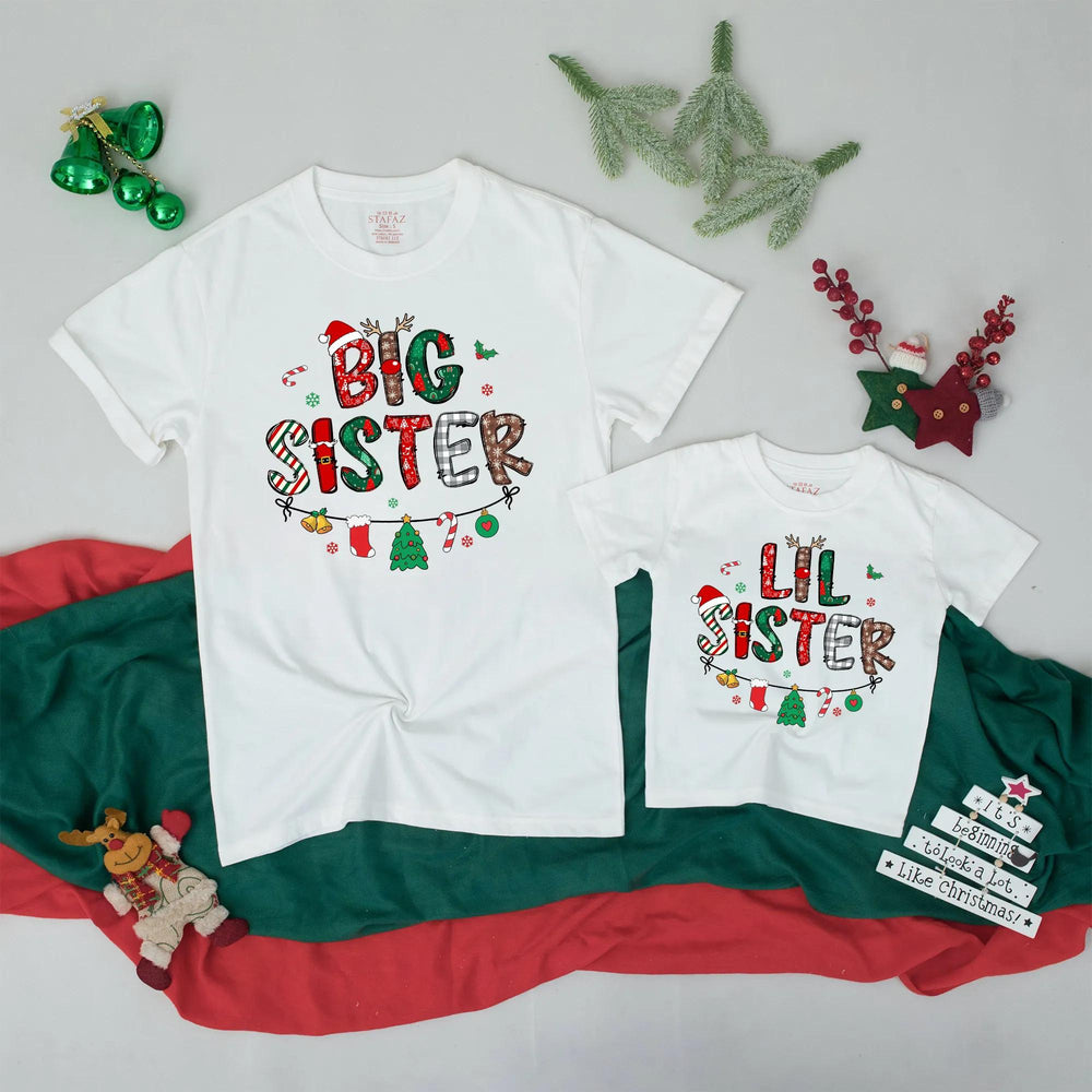 Christmas Big Sister Lil Sister Matching Shirts with Festive Patterns Santa Hat Antlers Ornaments Perfect Holiday Baby Gift Tee