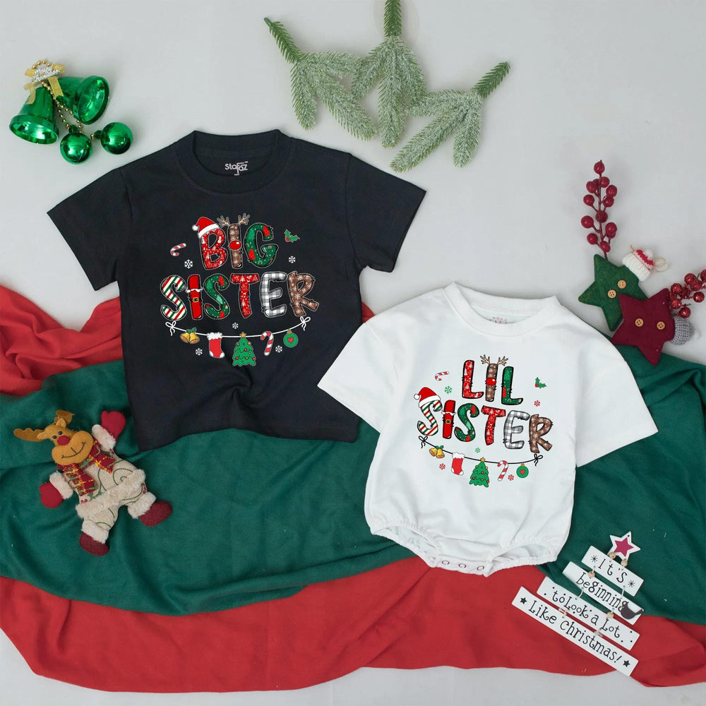 Christmas Big Sister Lil Sister Matching Shirts with Festive Patterns Santa Hat Antlers Ornaments Perfect Holiday Baby Gift Tee